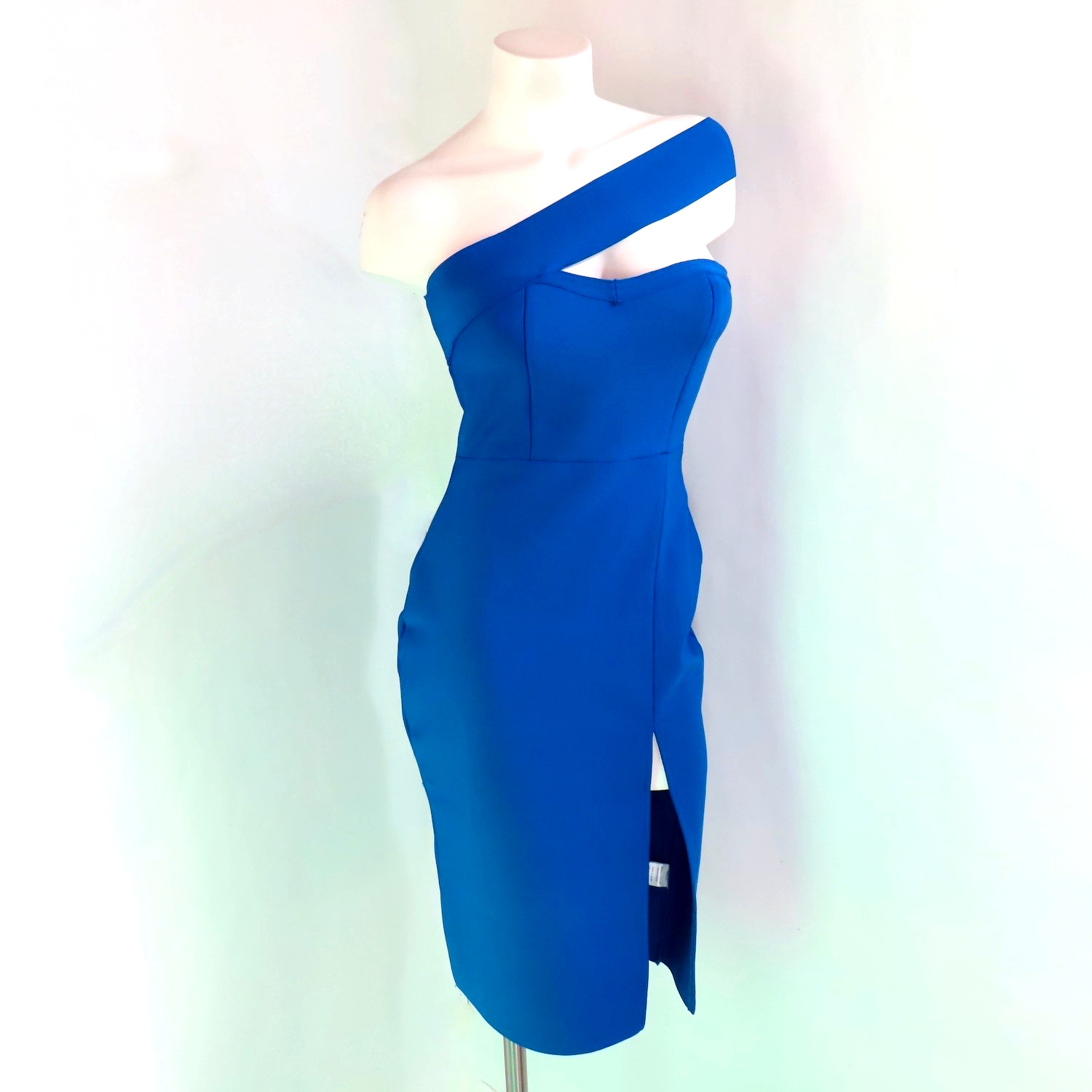 Shein Dress Women L Blue Adyce Scuba Crepe Sleeveless One Shoulder Midi Party