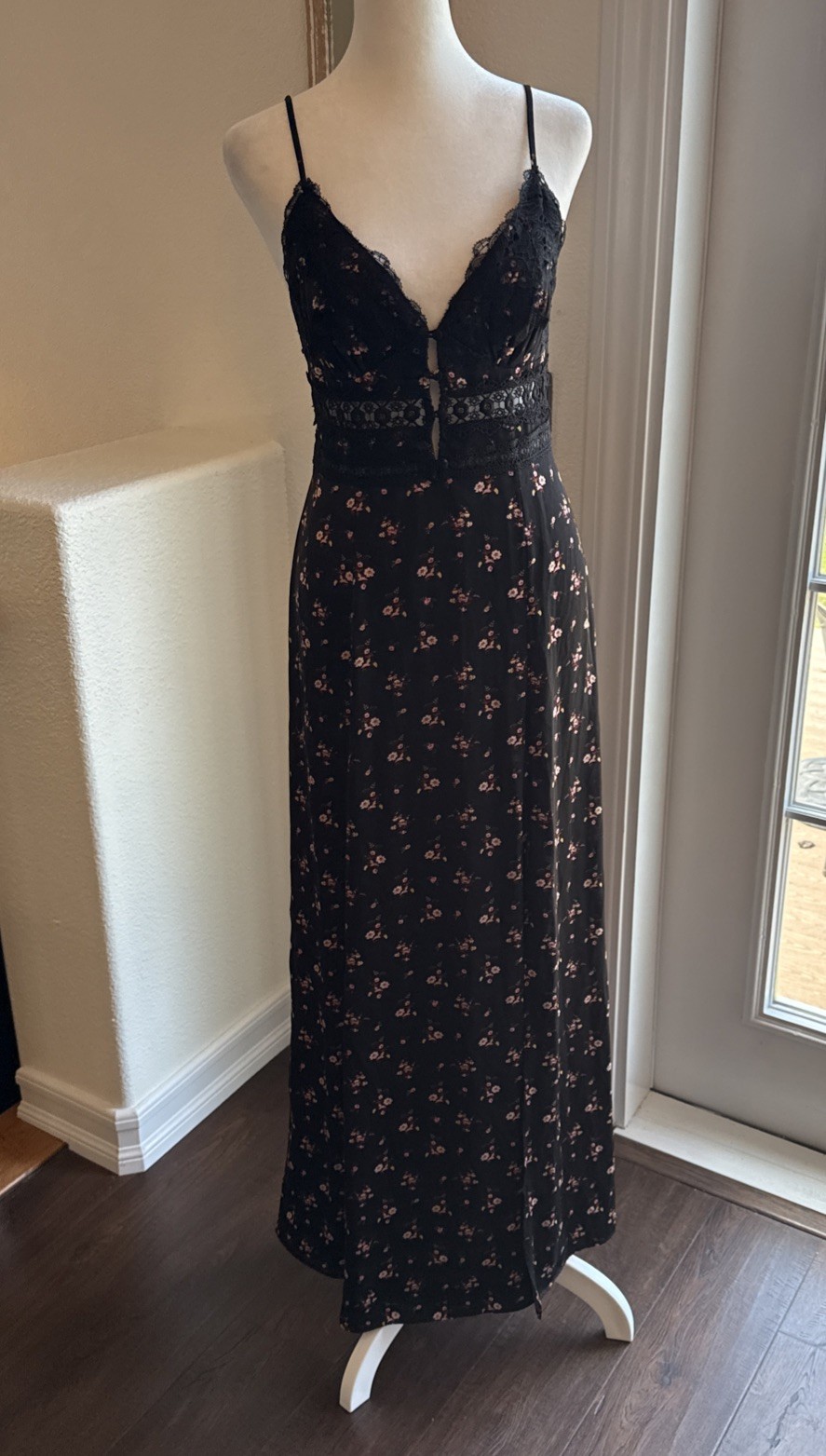 Intimately Free People Maxi Slip Black Floral Silky Lace Detail Dress S