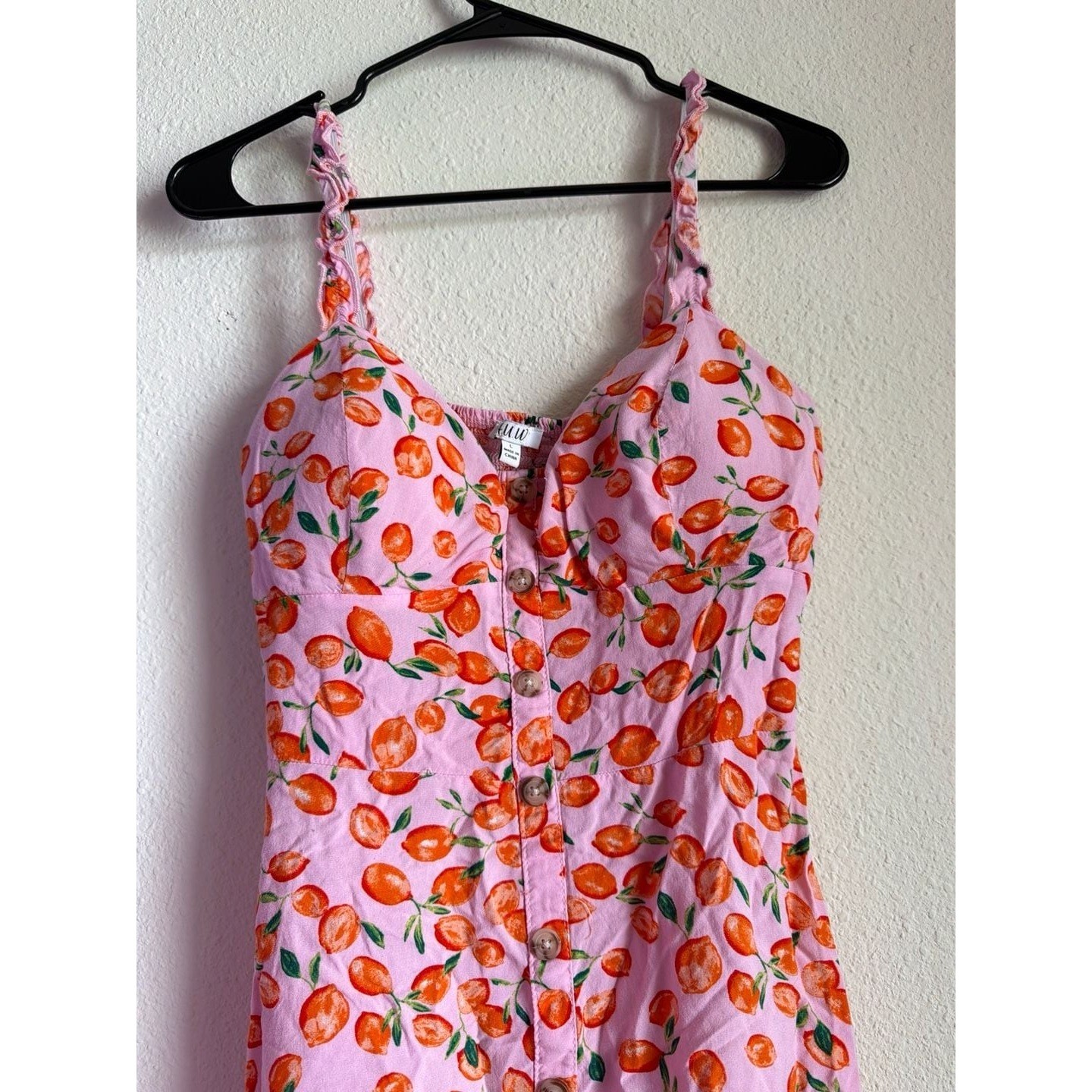 AUW Pink Orange Fruit Print Button Front Mini Dress Smocked Back Large Boho