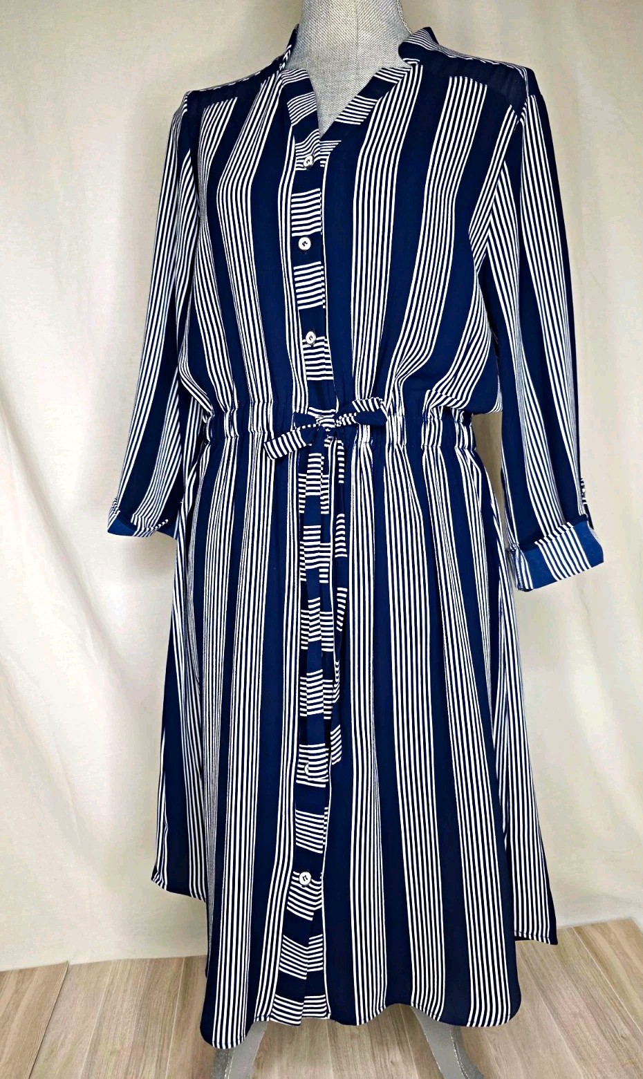 Fifth & Park Womens Blue White Striped Shirt Dress L Button Front Belted