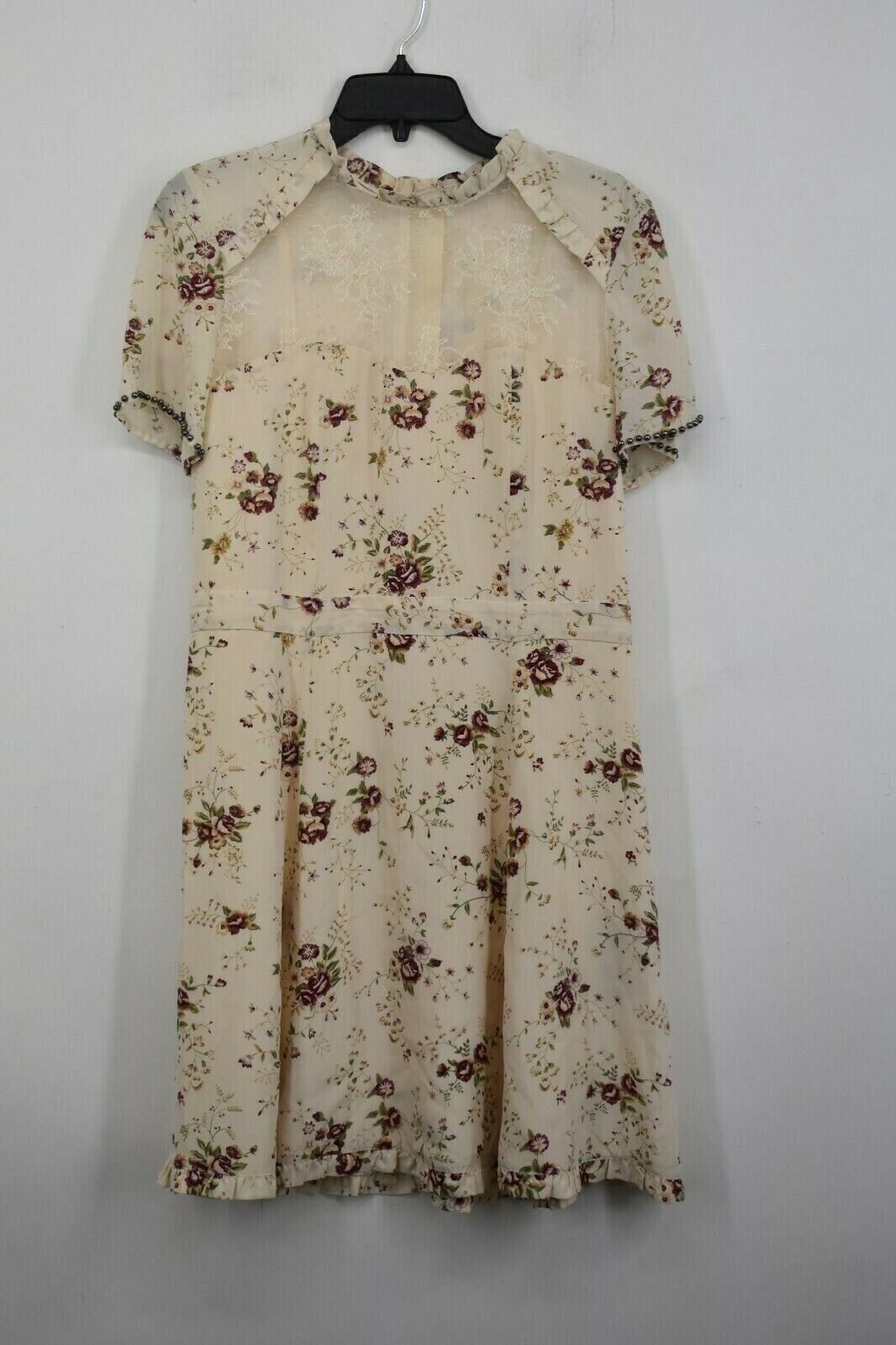 The Kooples Womens Cream Lace Inset Floral Silk Dress Ruffle Stand Collar $375 M