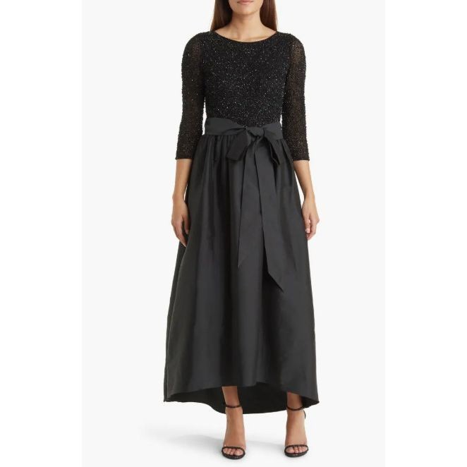 $258 Pisarro Nights Beaded Bodice & Taffeta High-Low Gown in Black Size 10P