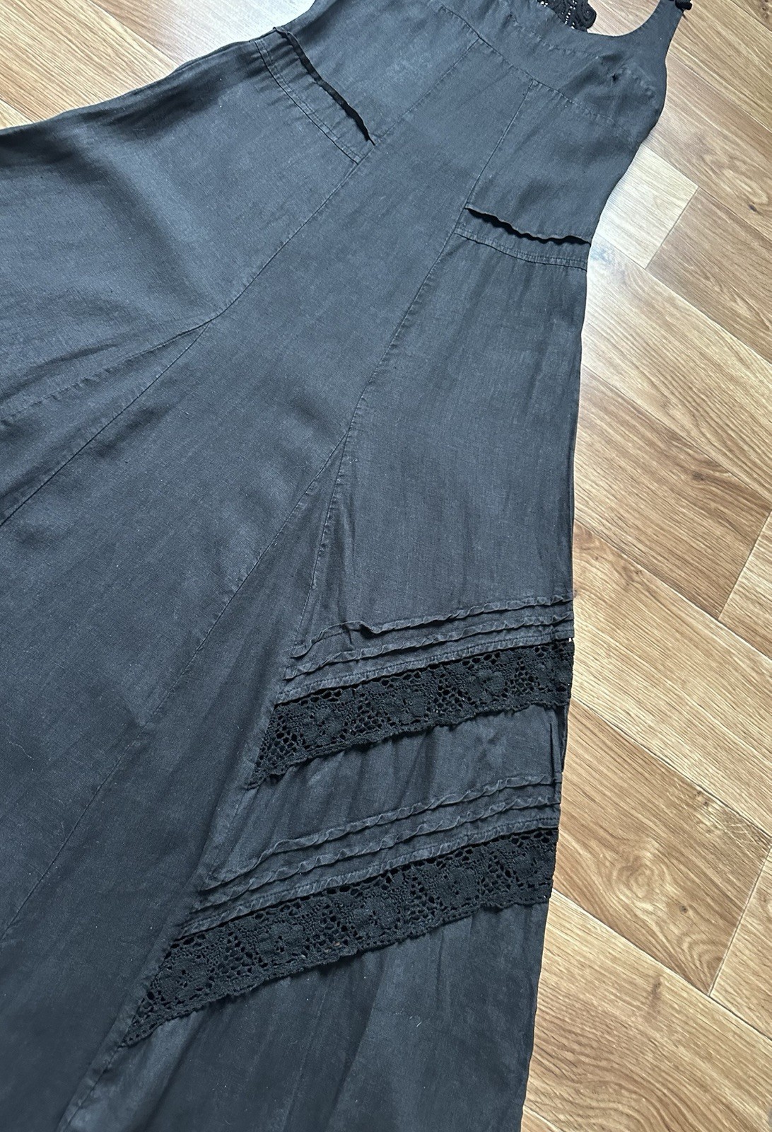 Didier Parakian Vintage Black Linen Maxi Dress Crochet Lace Y2K Gothic Sz 38