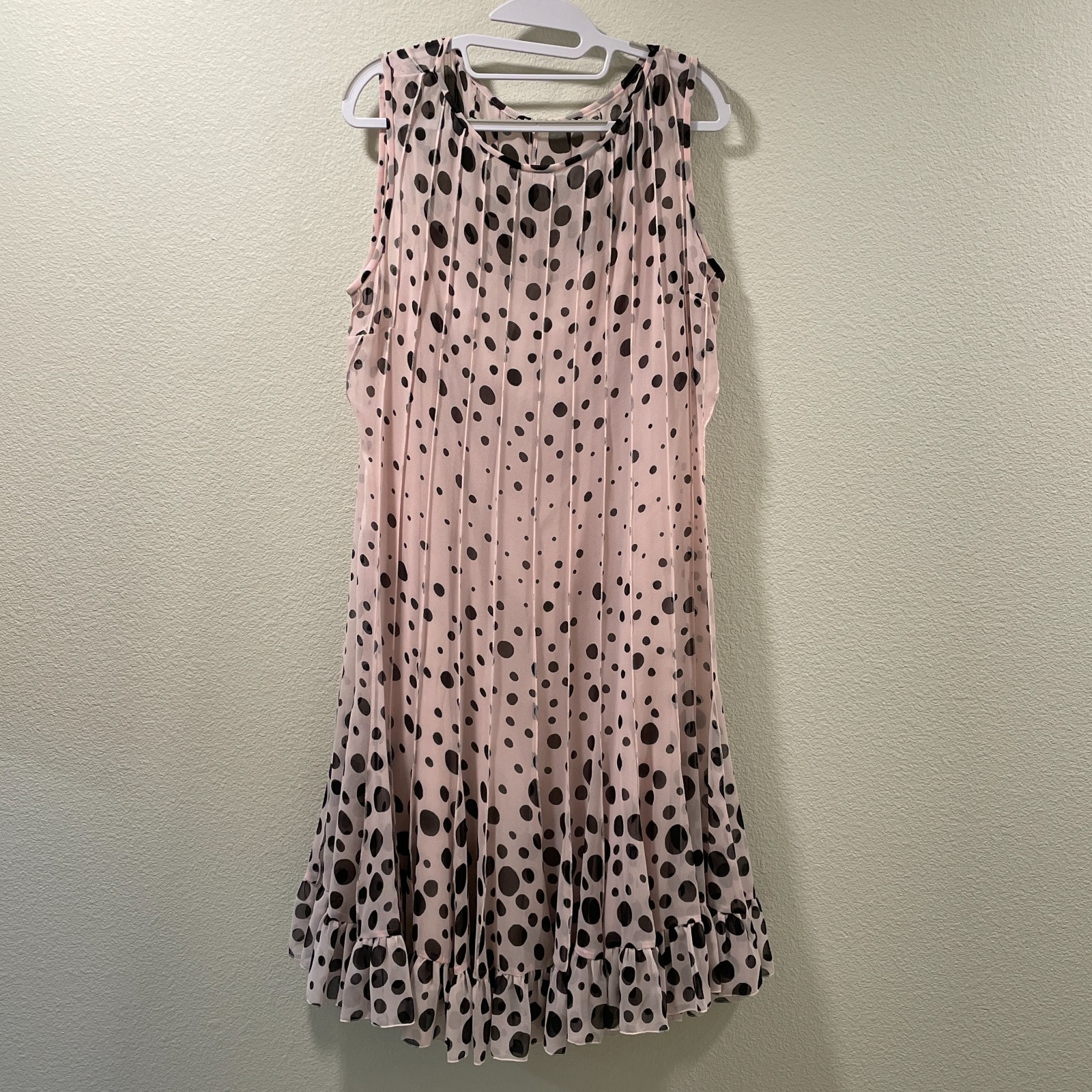 RICKIE FREEMAN for TERI JON Pink with Black Dots Sleeveless Midi Dress Size 18