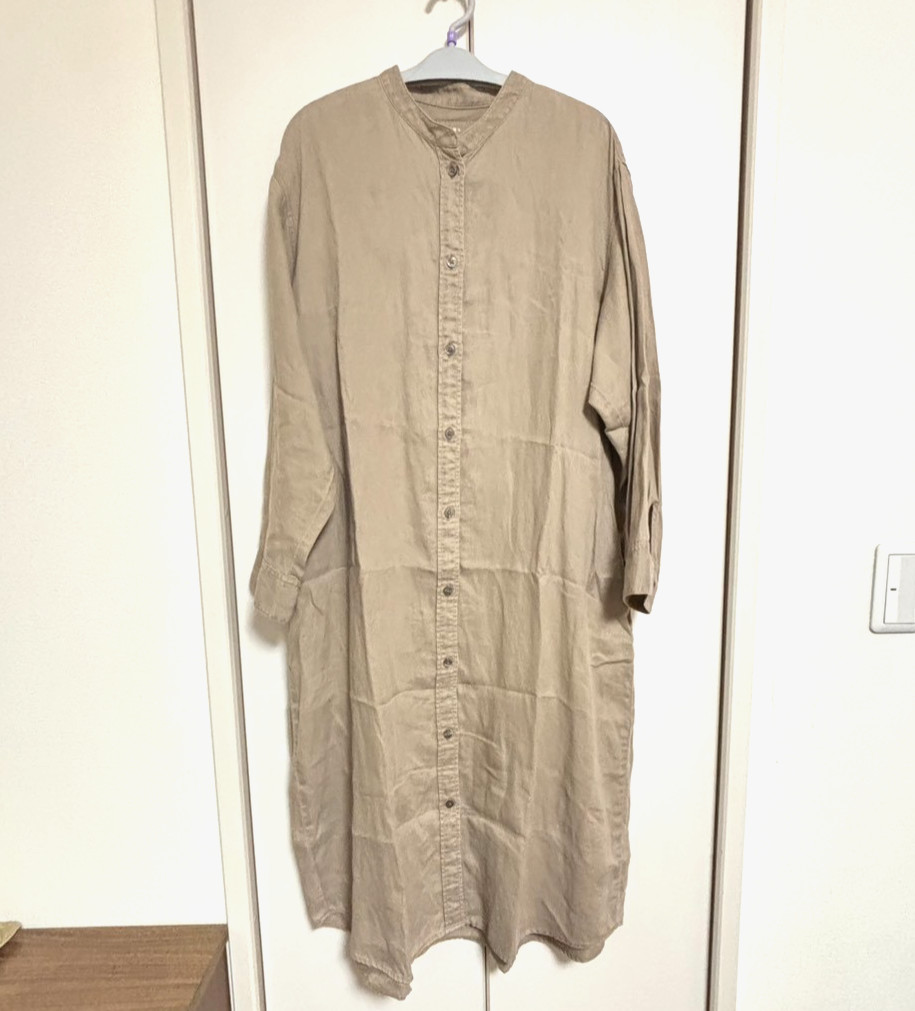 MUJI Womens 100% Linen Washed Long Sleeve Shirt Dress Brown M-L　Japan
