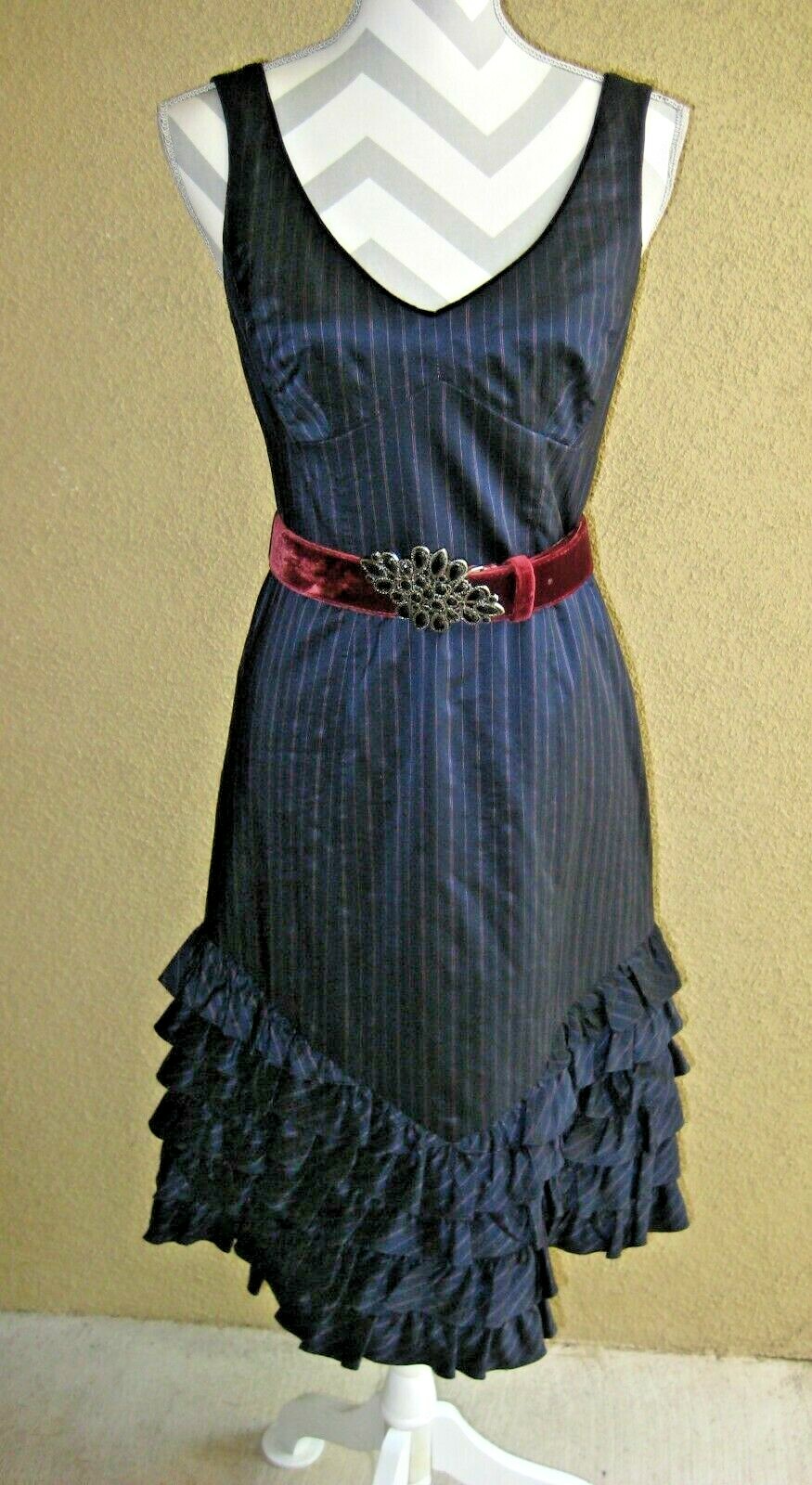 Nanette Lepore acetate blend navy merlot stripe Vneck sleeveless ruffles dress 4