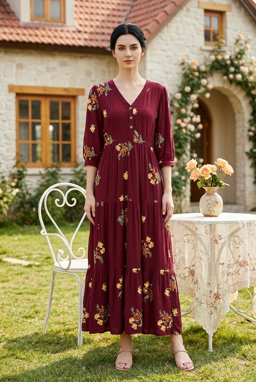 Cactus Pearl Embroidered Boho Maxi Dress in Burgundy with a Tiered Skirt S EUC
