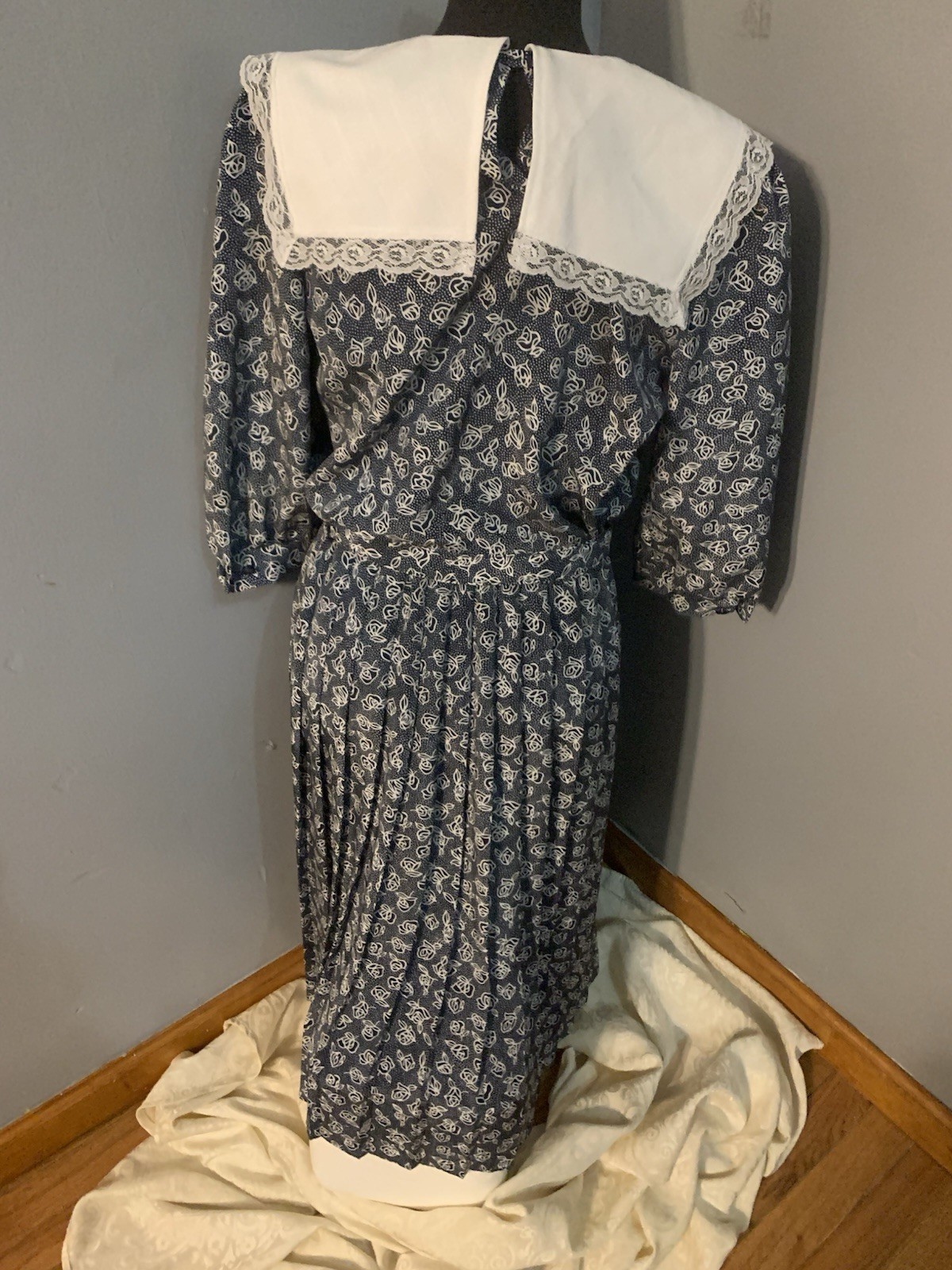 VTG 80s Breli II Lace Collar Cottage Core Prairie Dress Blue White Floral Sz 8