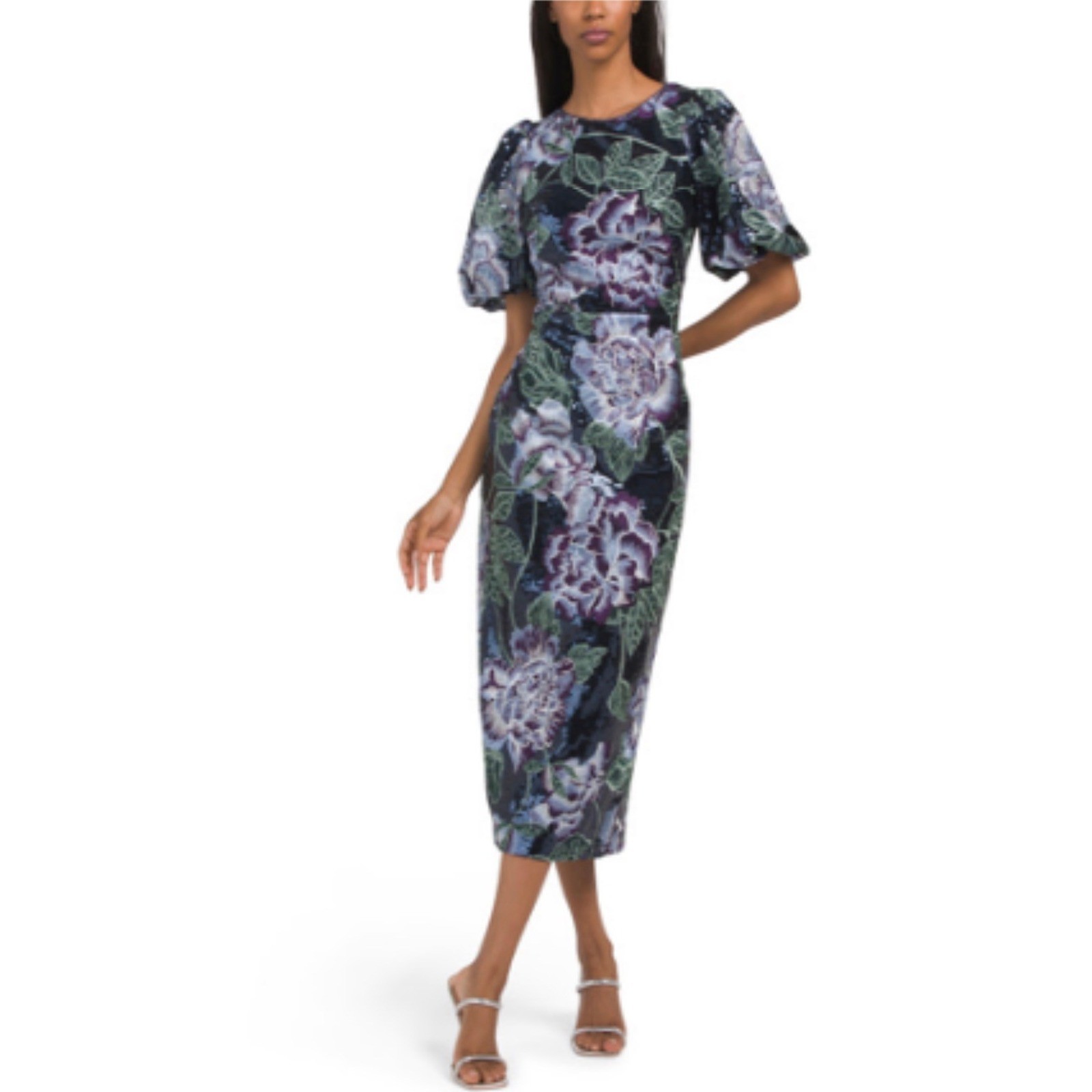 Marchesa Notte Bubble Sleeeve Sequin Floral Midi Dress 4 Women Navy Blue