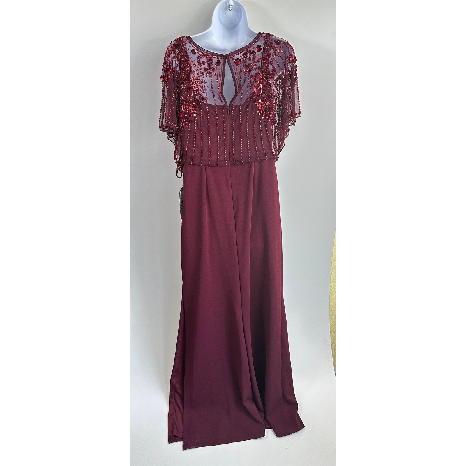 Aidan Mattox Beaded Evening Gown Wine Sequin Capelet Art Deco Old Hollywood Sz10