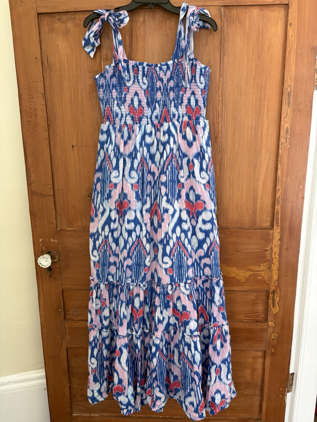 Crown & Ivy Blue Red Pink White Smocked Maxi Dress Pockets Size L