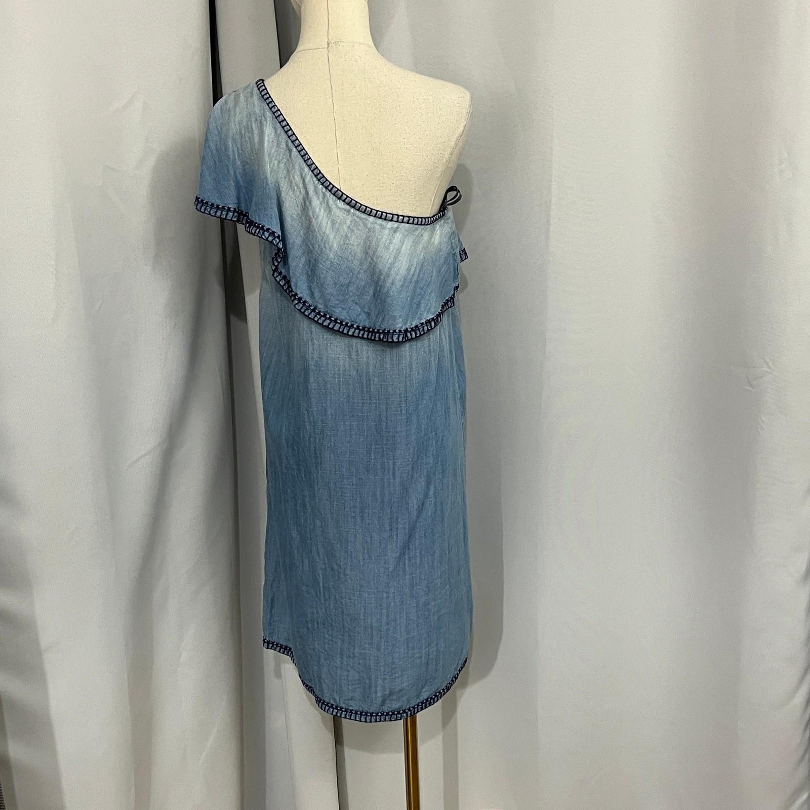 Cloth & Stone Chambray One Shoulder Dress Ruffle Women S Blue Shift Boho Coastal