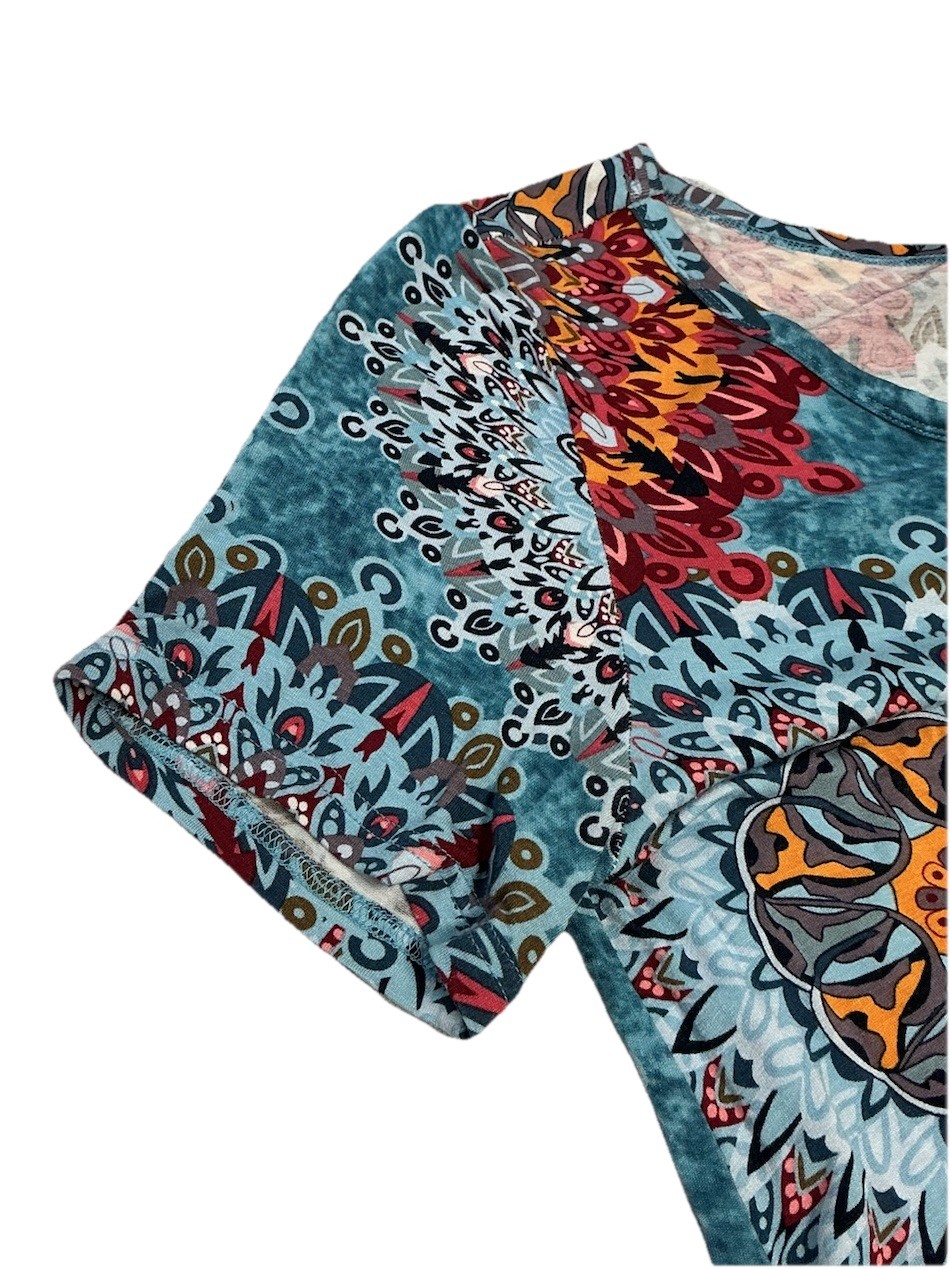WOMENS Shift T-Shirt Dress Multicolor Geometric Vibrant Boho Hippie Pockets M/L