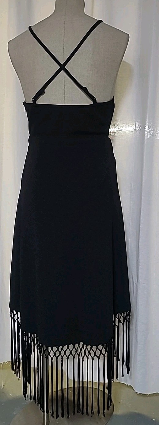 Black Fringe Wrap Cocktail Dress Stretchy M Party Boho Goth Y2K 70s Retro Disco