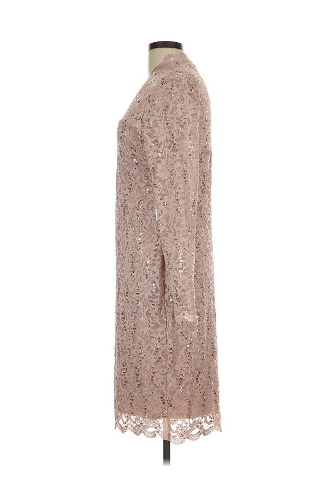 Marina L Pink/Tan Floral Lace Sequin Sheath Dress Mock Neck Long Sleeve Knee