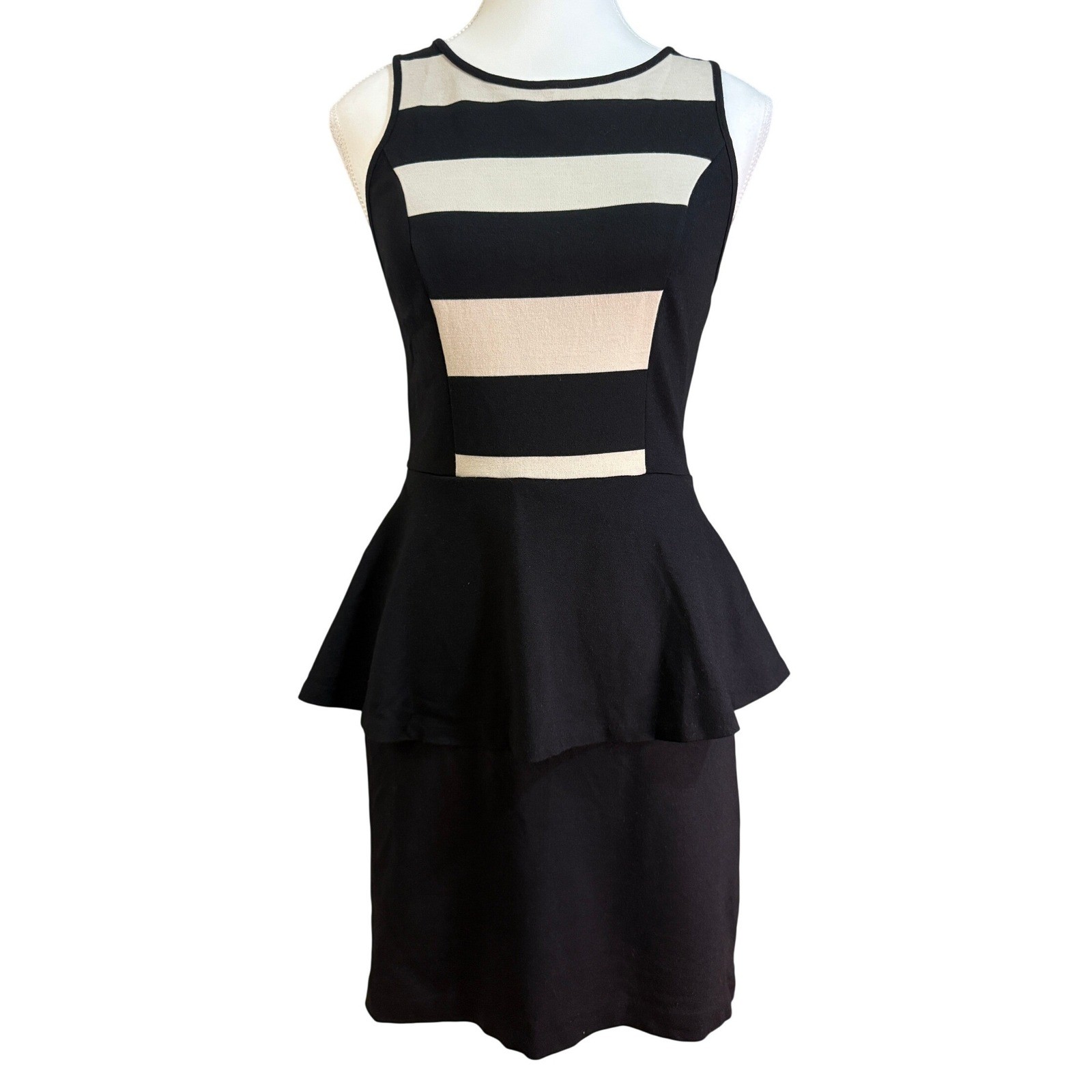 Kensie Peplum Dress Women Size S Black Tan Striped Sleeveless Sheath Bodycon