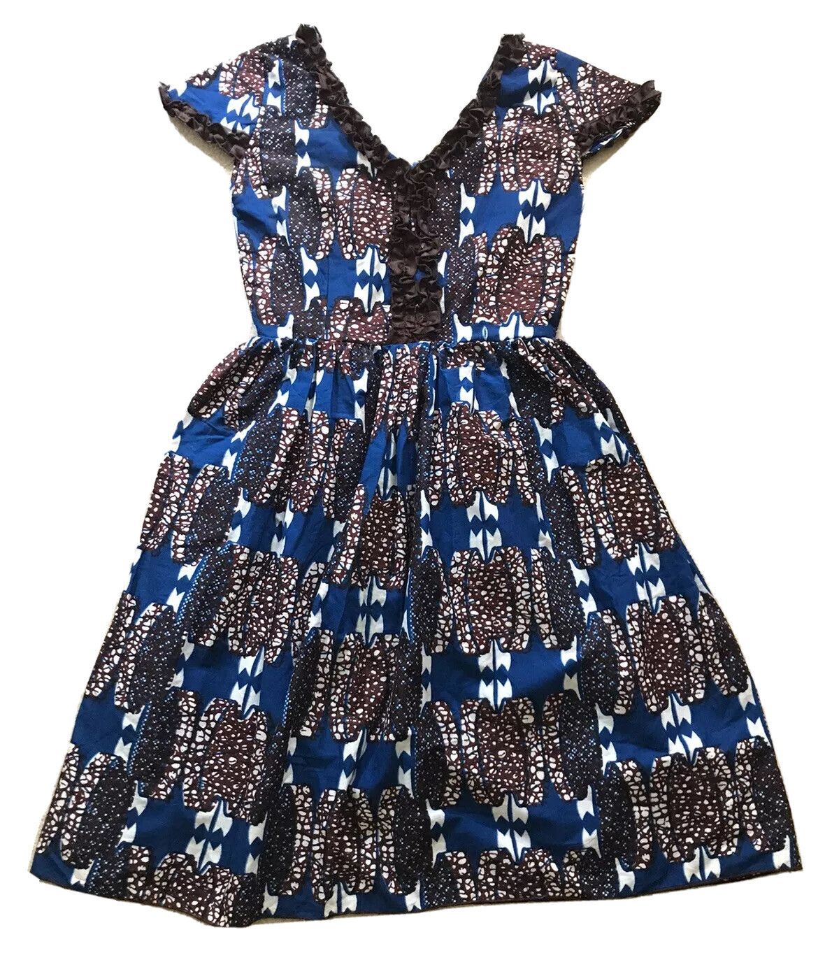 Handmade Dutch Wax Print Short Sleeve Dress Fit and Flare Small S XS Blue Brown