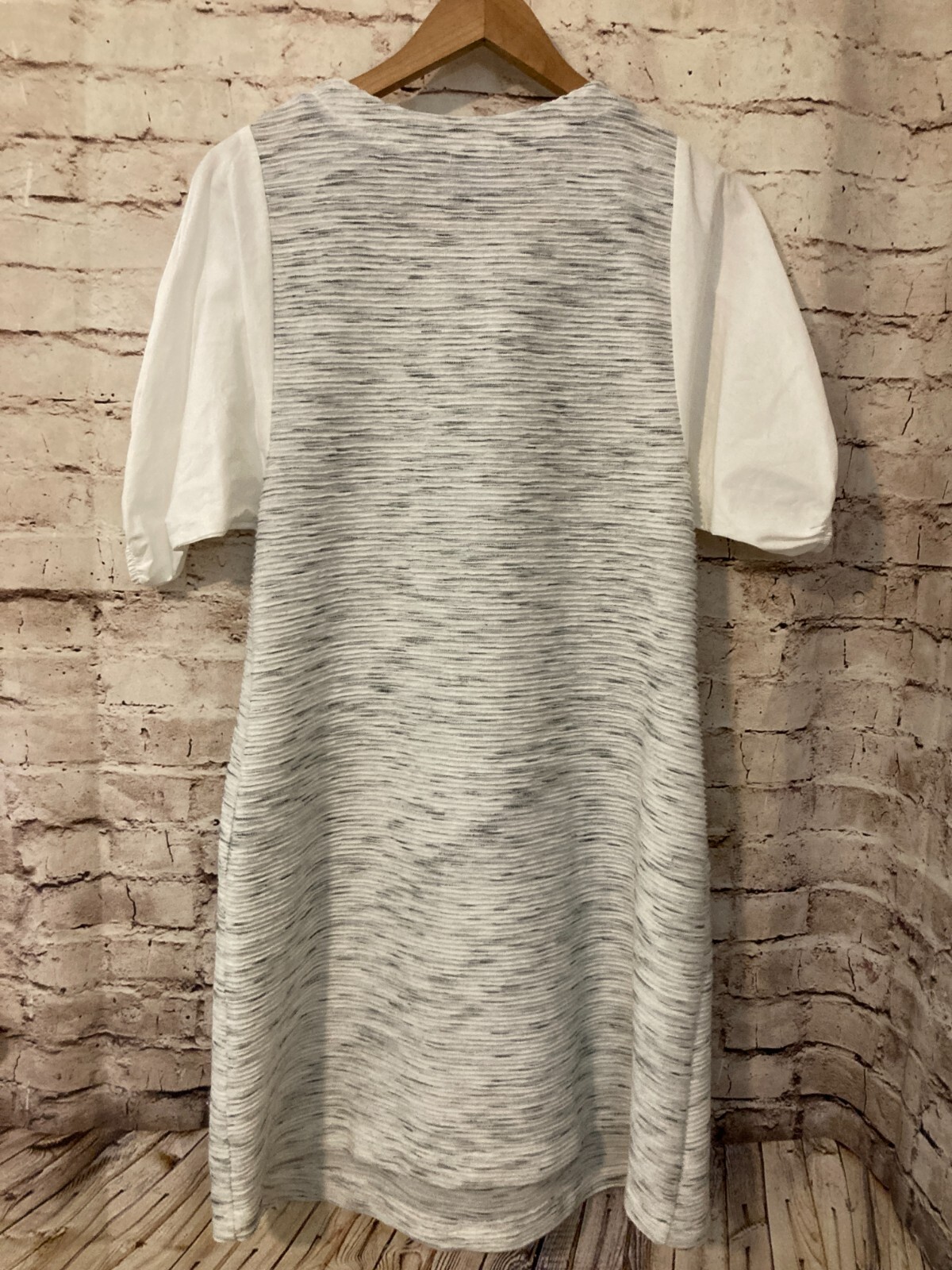 Violet Weekend Dress Womens Medium Gray Speckle Puff Sleeve Midi Pockets Sheath