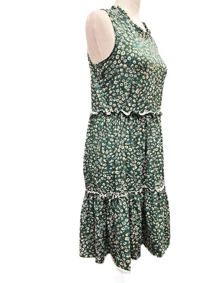 Sleeveless Green Floral Tiered Dress Medium With Ruffle Trim M Shein Midi