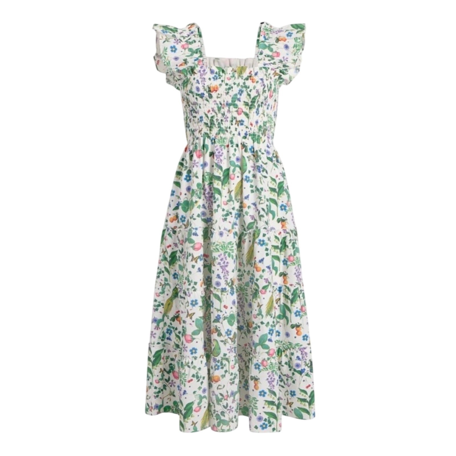 Hill House x Stephanie Fishwick Ellie Smocked Midi Maxi Dress Silken Petal Wings