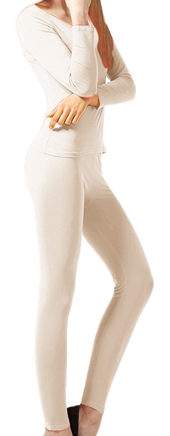 Women’s Microfleece Thermal 2 Piece Set Ultimate Warmth Beige Small