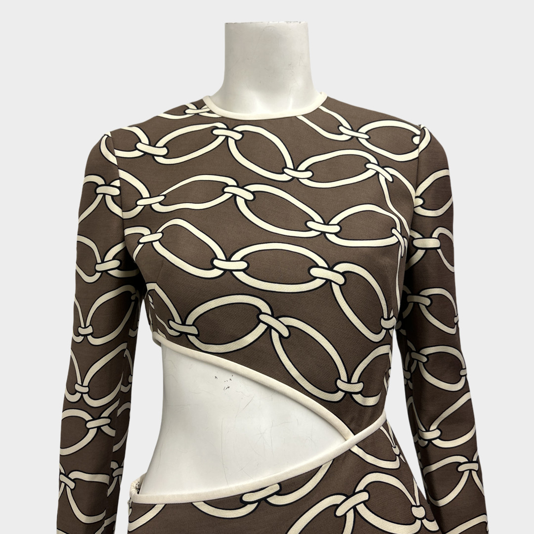 Valentino Brown And Beige ‘Chain 1967’ Print Cut Out Mini Dress, Size UK10