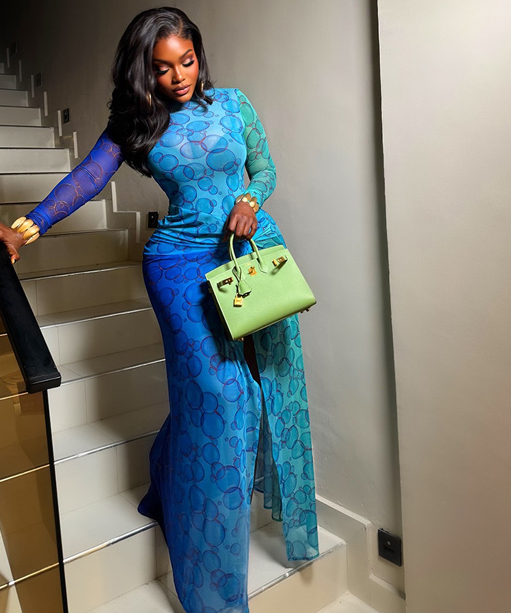 Azure Bubble Mesh Maxi Dress