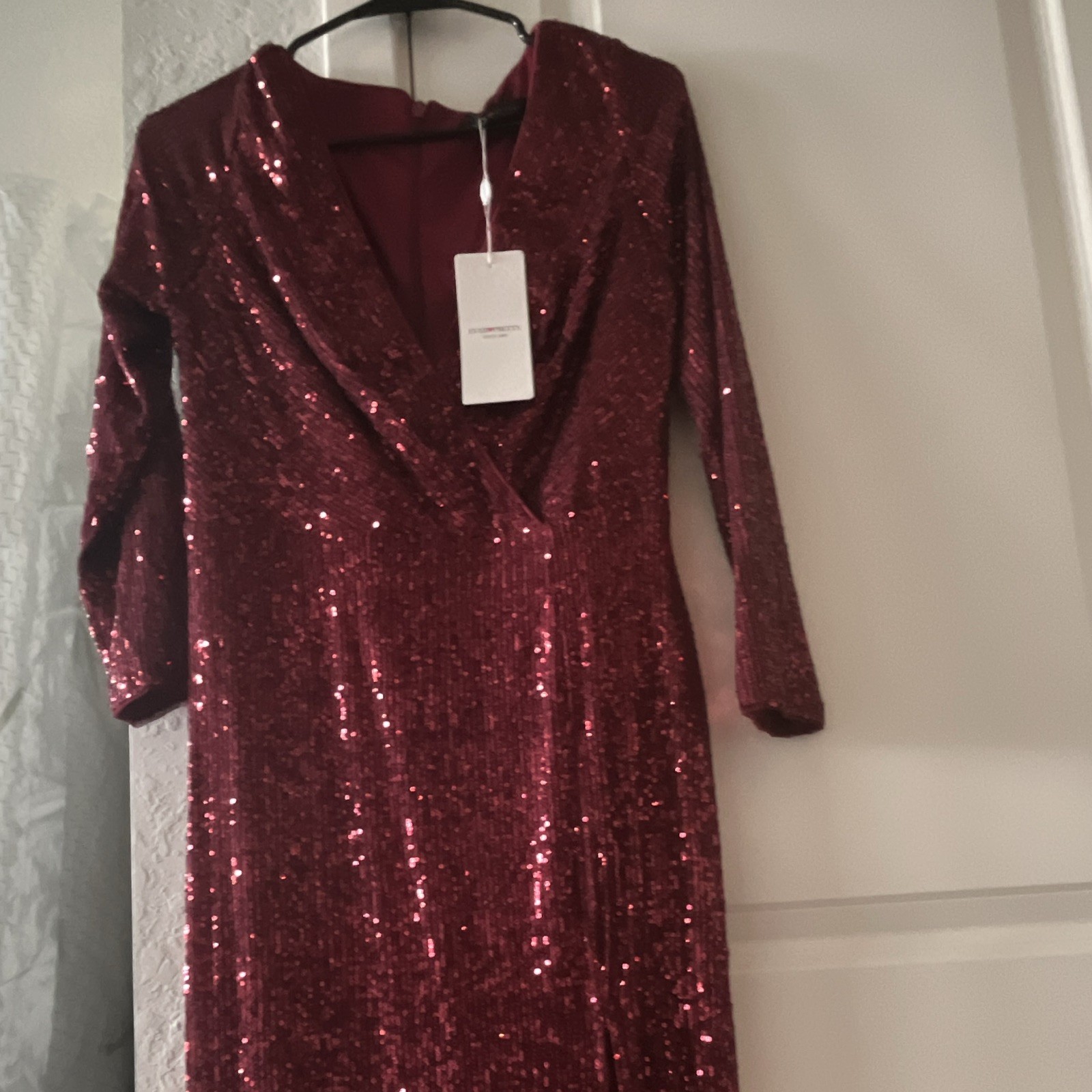 Ever-Pretty Burgundy Sequin V-Neck 3/4 Sleeve Maxi Dress Side Slit M