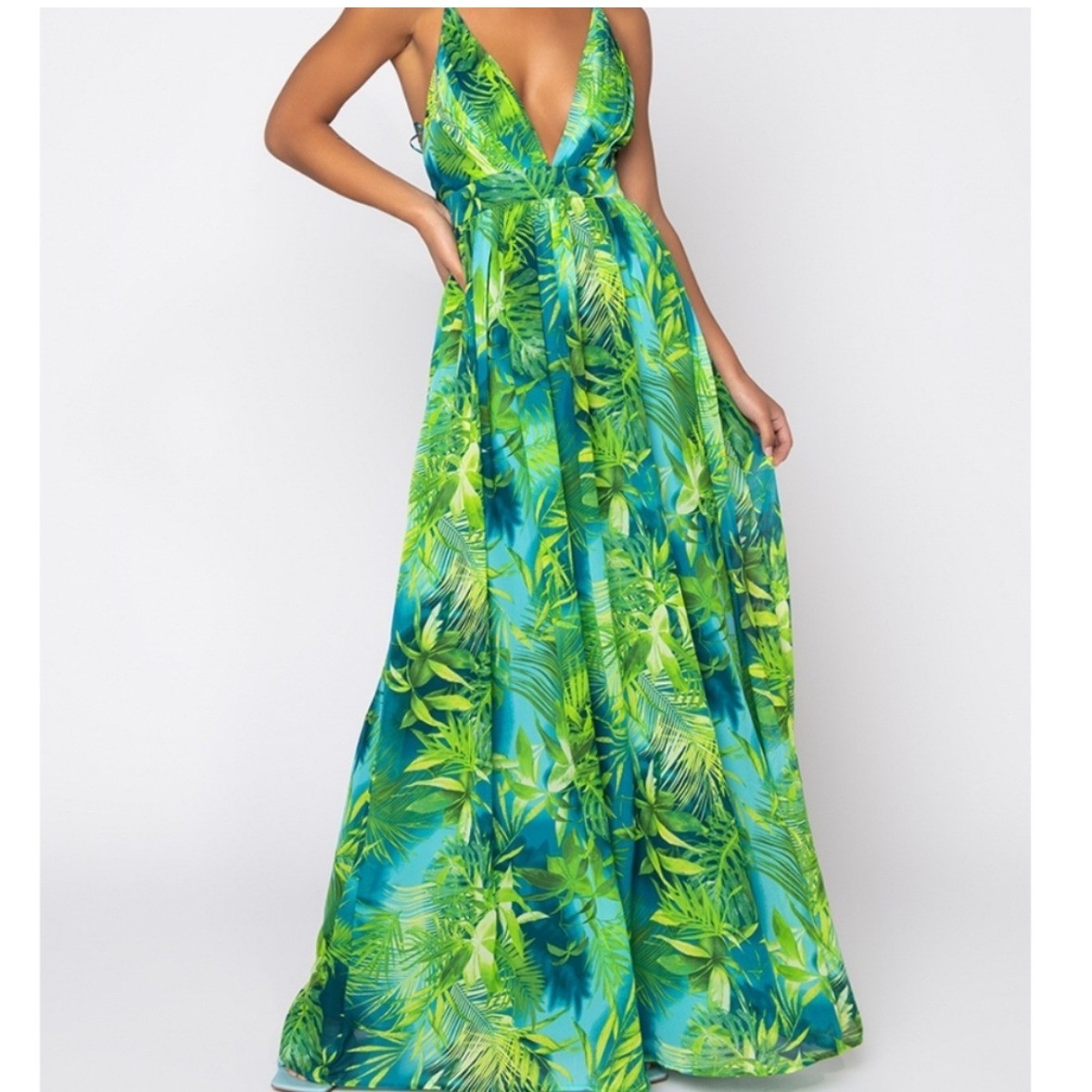 Akira Tropical Palm Leaf Deep V-Neck Maxi Dress Strappy Resortwear Garden Party