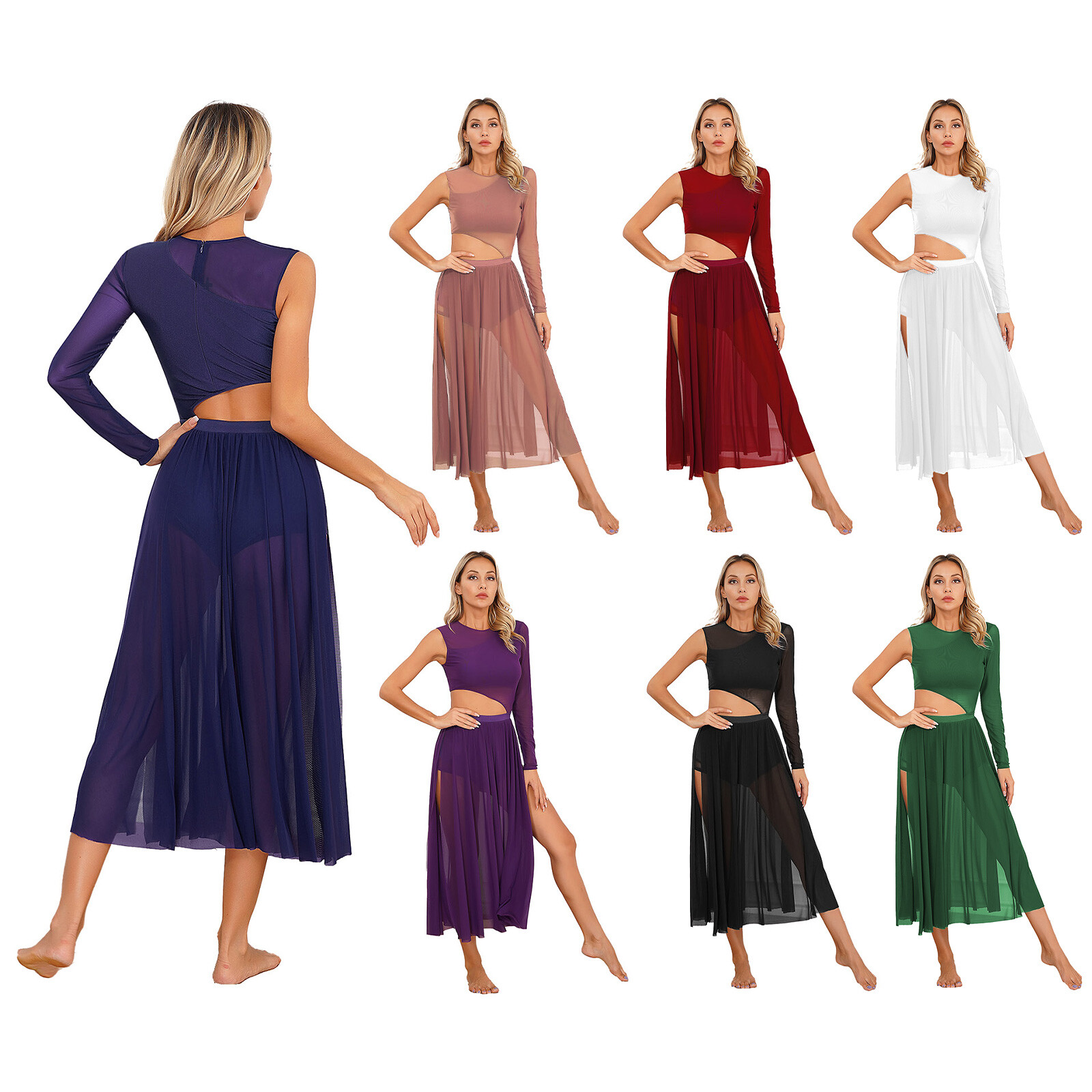 Womens Lyrical Dance Costume Side Split Figure Skating Dresses Round Neck