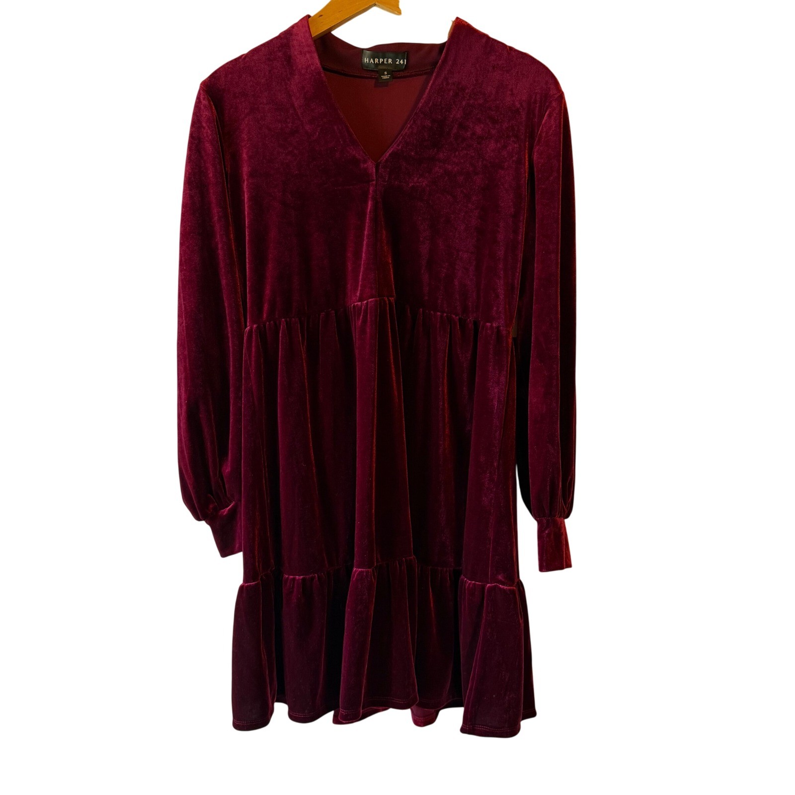 Harper 241 Velvet Tiered V Neck Long Sleeve Mini Dress Burgundy Size S