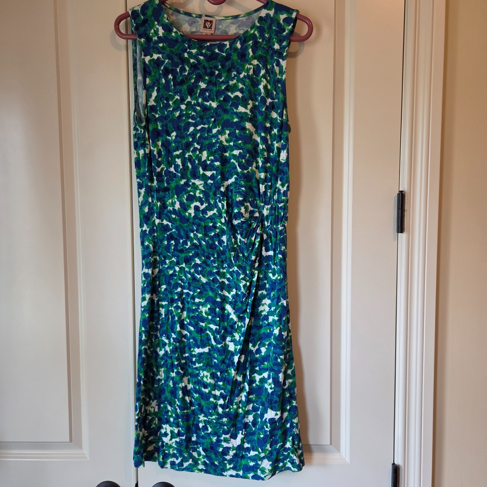 Anne Klein dress M blue green floral side ruching summer sleeveless Medium