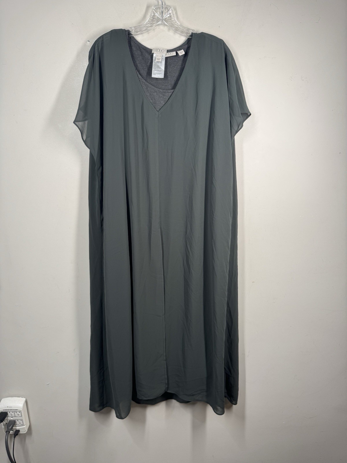 Logo Lori Goldstein Green Gray Layered Chiffon Jersey Stretch Maxi Dress Sz XL