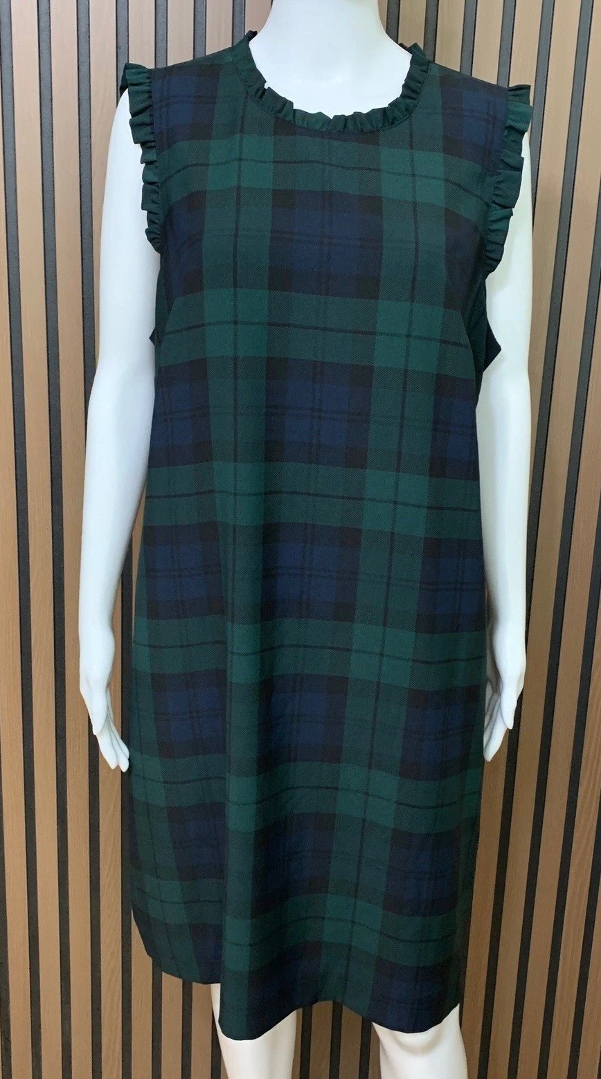 J.Crew Black Watch Plaid Ruffle Neck Shift Dress Green Blue Tartan Size 18