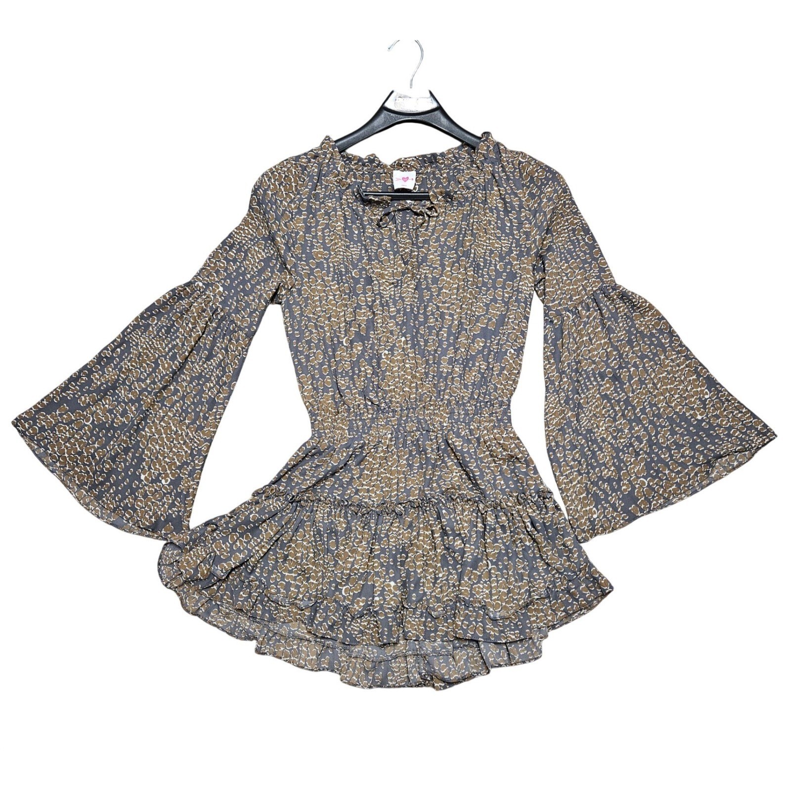 Buddy Love Romper Women Small Grey Brown Animal Print Bell Sleeve Smocked Ruffle