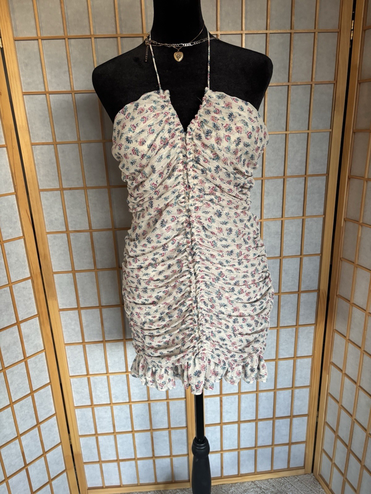 Ivory Pink Blue Floral Ruched Ruffle Mini Dress Halter Tie Strappy Sleeveless