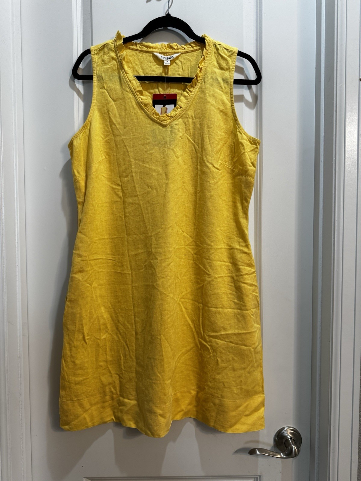 NWT Briggs Yellow Linen Blend V-neck Ruffled Sleeveless Dress Med Slide Pockets