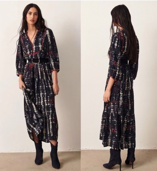 BA&SH Isolde Tie-dye Print Dress In Blue 3/4 Sleeves Sz 4