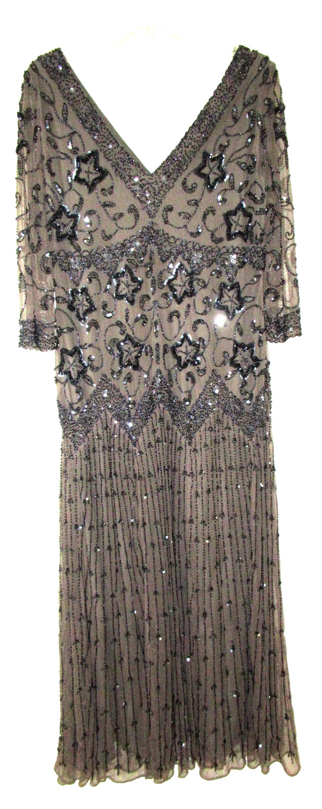 PISARRO NIGHTS Beige & Silver Beaded Midi Dress – Lovely for MOB – Size 16