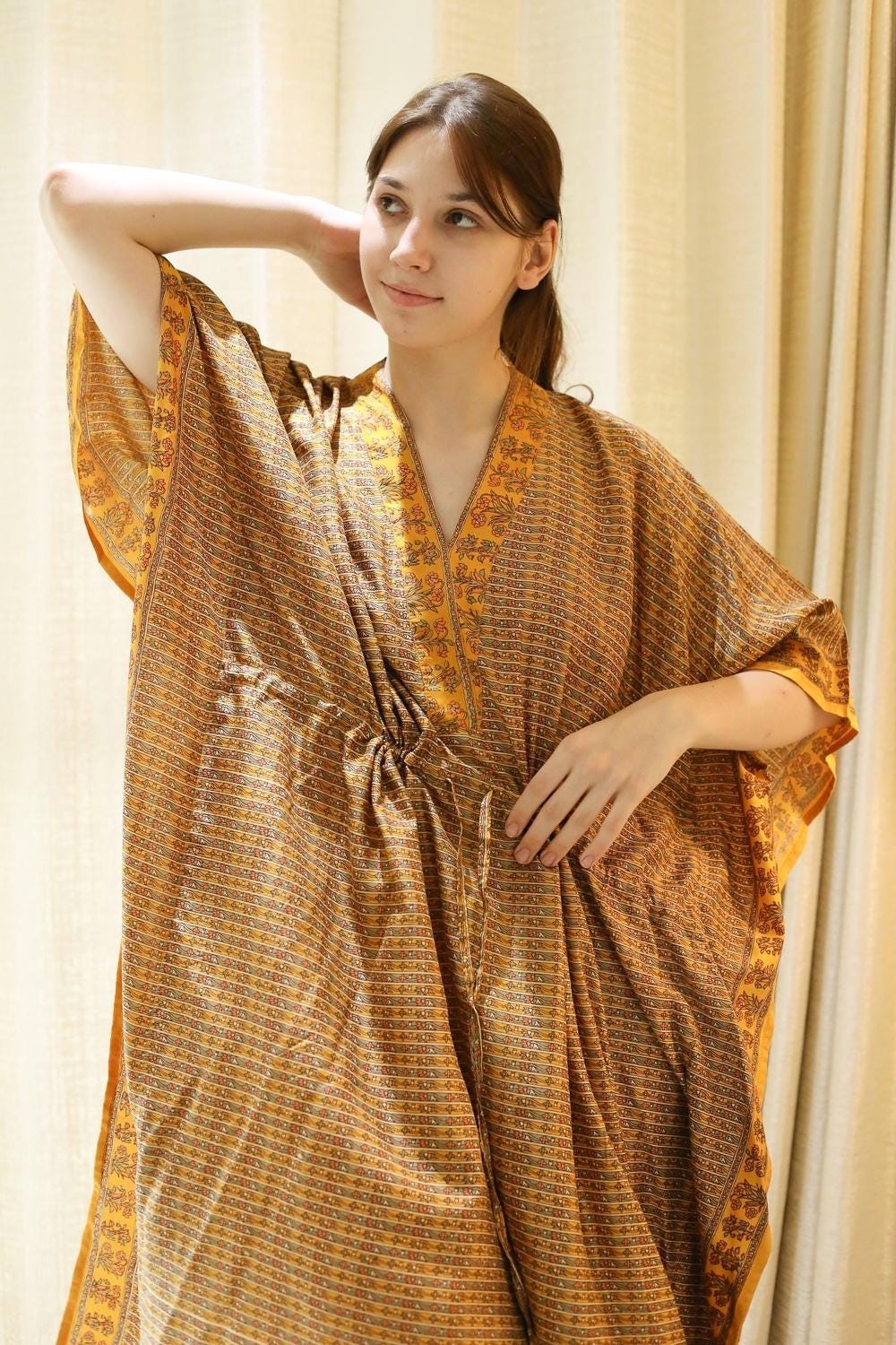 Silk Yellow Kaftan / Handmade Flowy Maxi Dress / Resort Wear Outfit PS MFN1006
