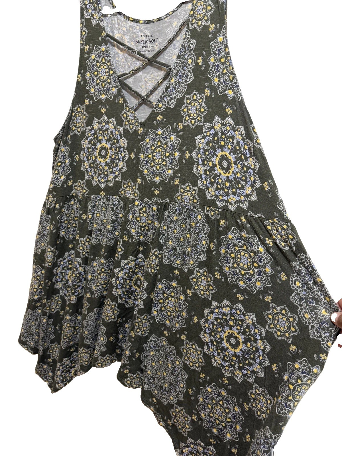Torrid Super Soft Knit Dress Size 4 Olive Medallion Print Lattice Back