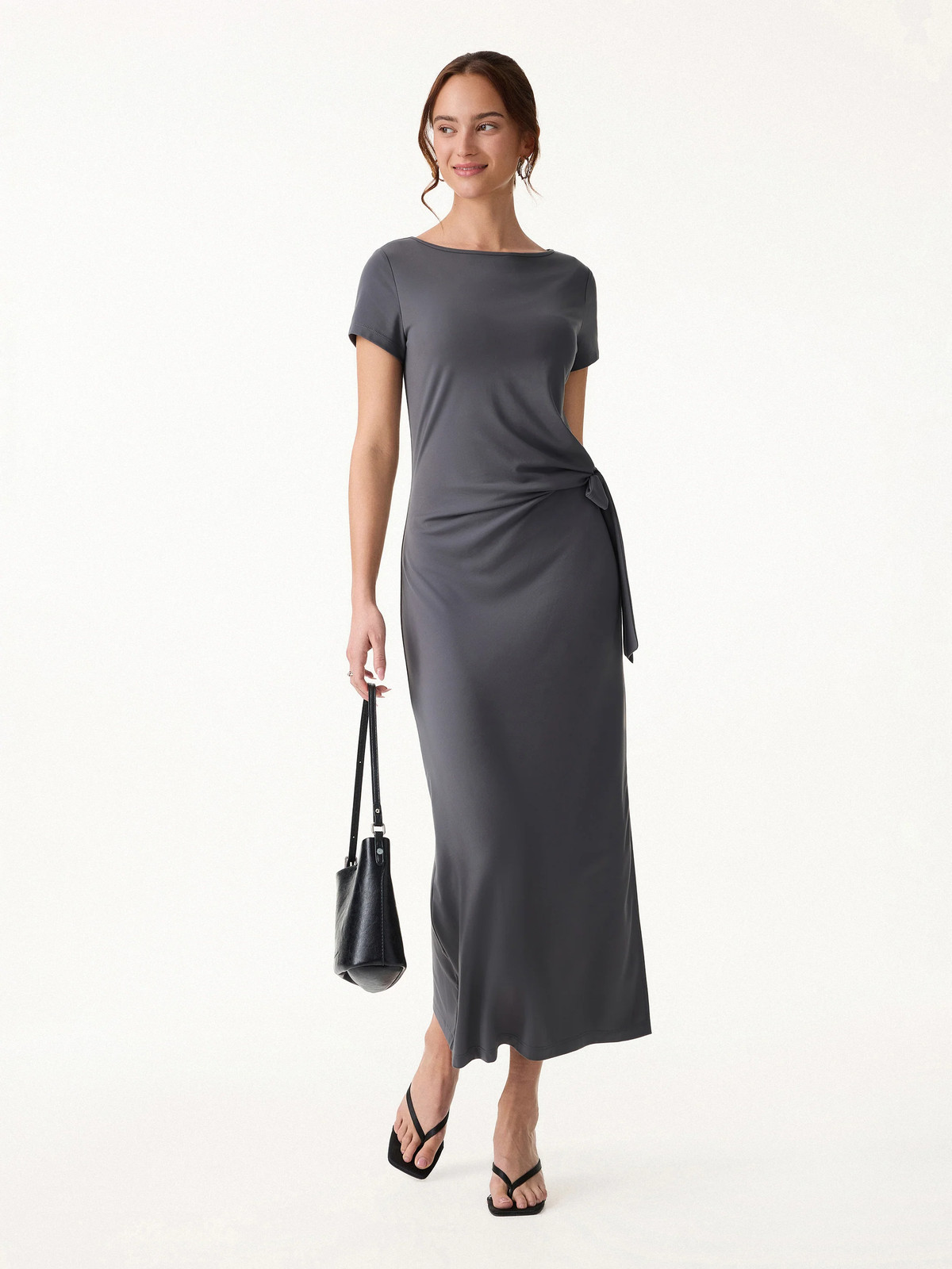 Cooling Wrinkle-Resistant Side Waist Tie Midi Dress with Slit