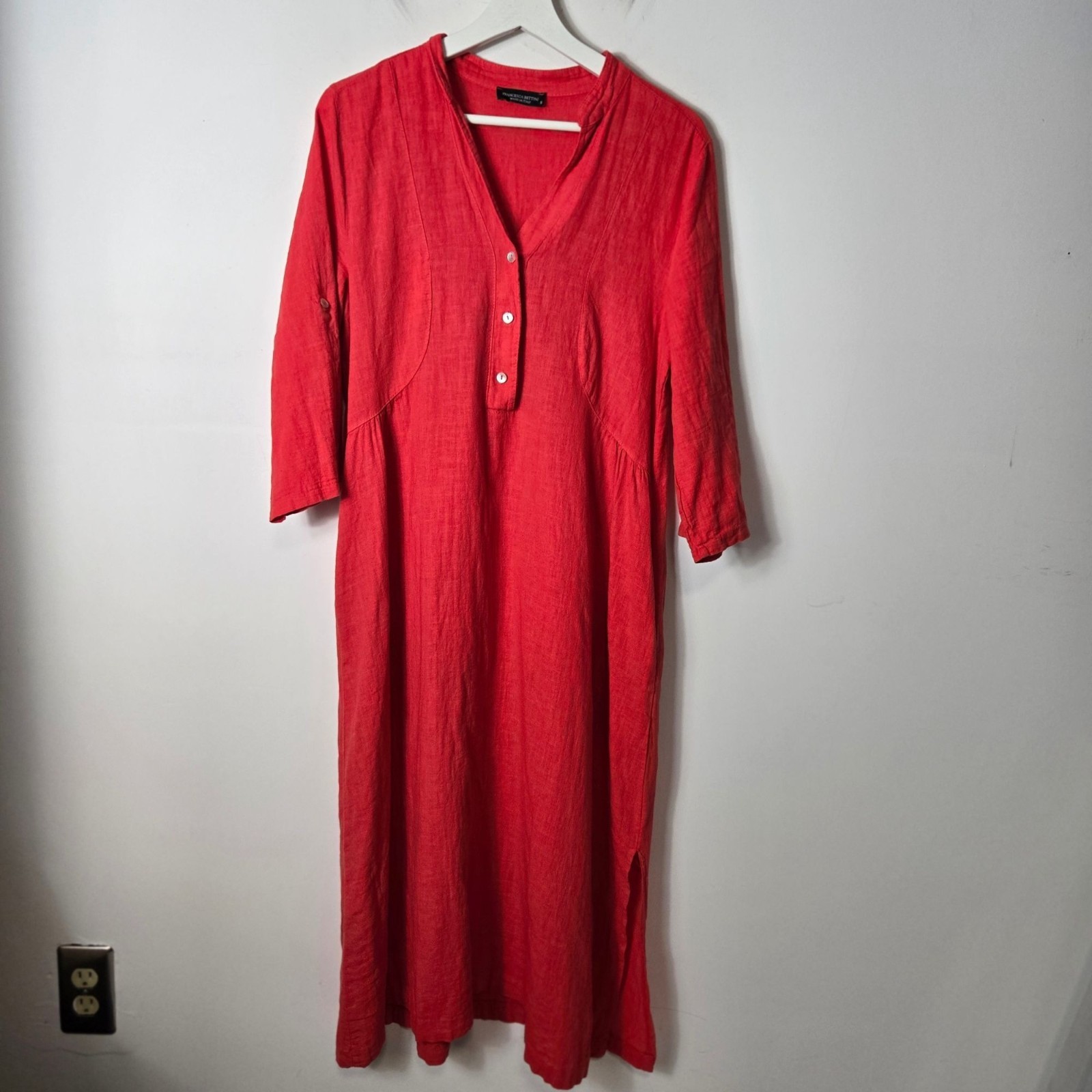 Francesca Bettini Size S Linen Cotton Blend Henley Red Midi Dress Roll-Tab Sleev