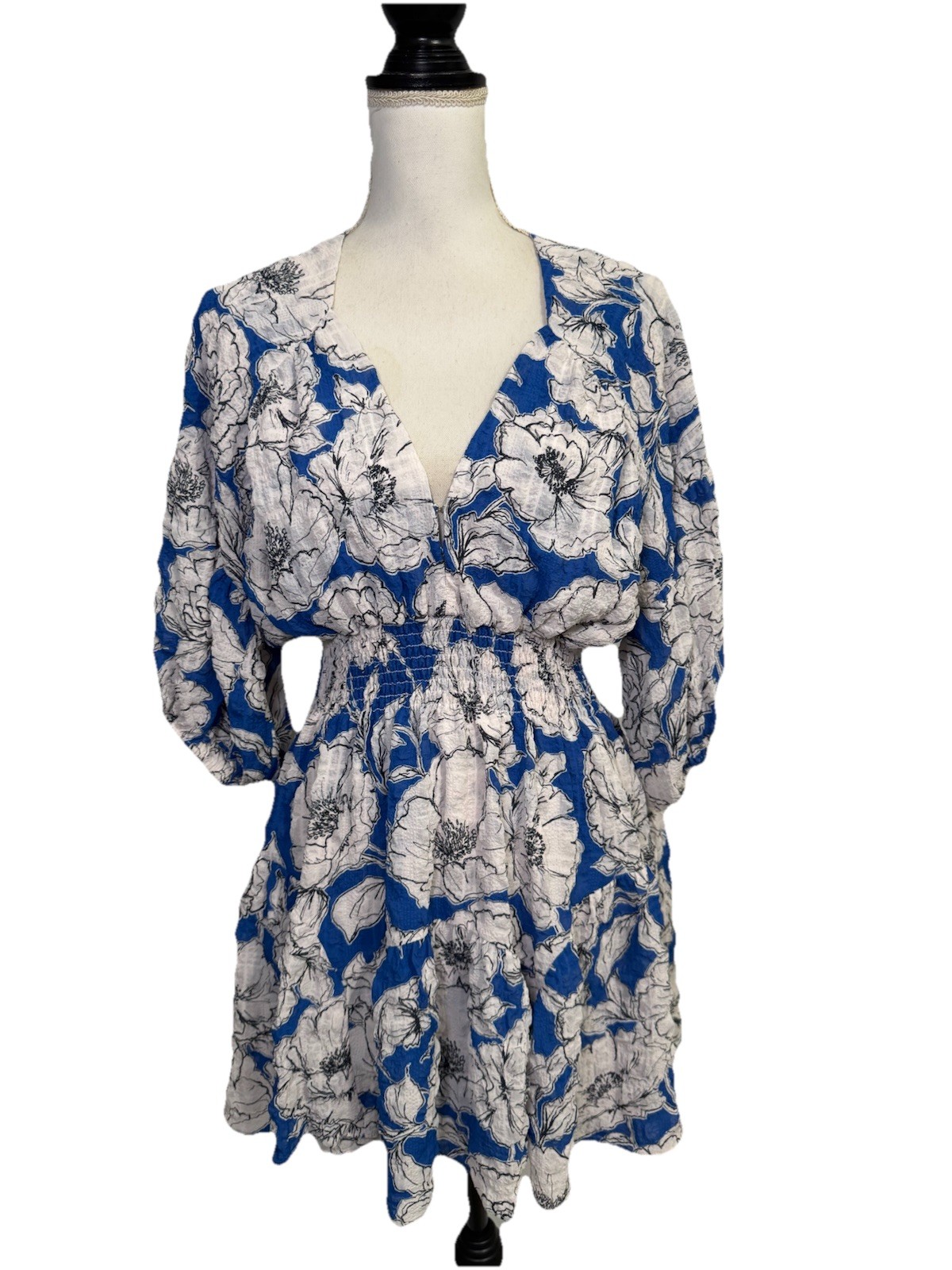 Misa Los Angeles Medium Floral Mini Dress Blue Crush Eight Gauze Smocked