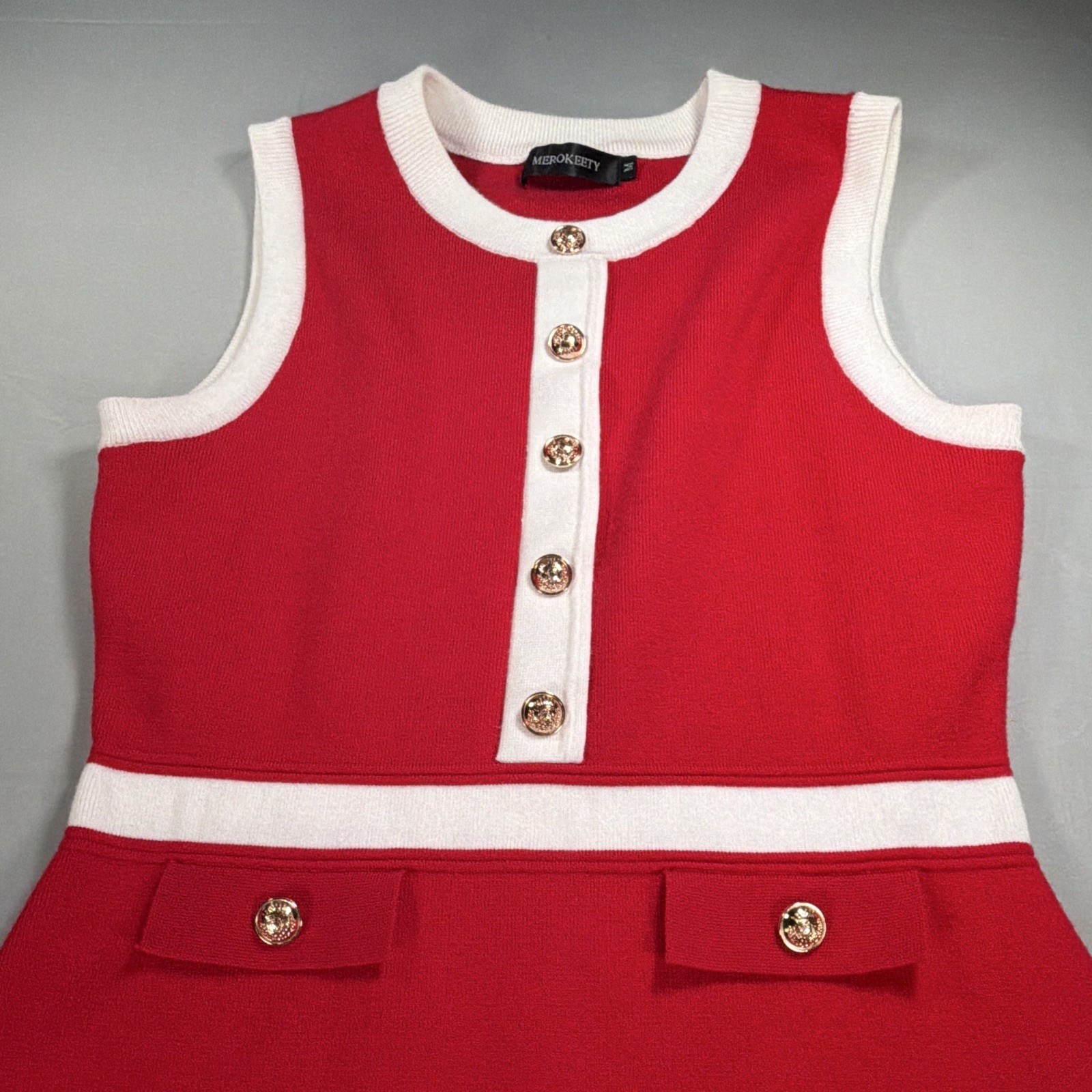 MEROKEETY Red/White Sleeveless Knit A-Line, gold buttons, 60’s mod inspired.