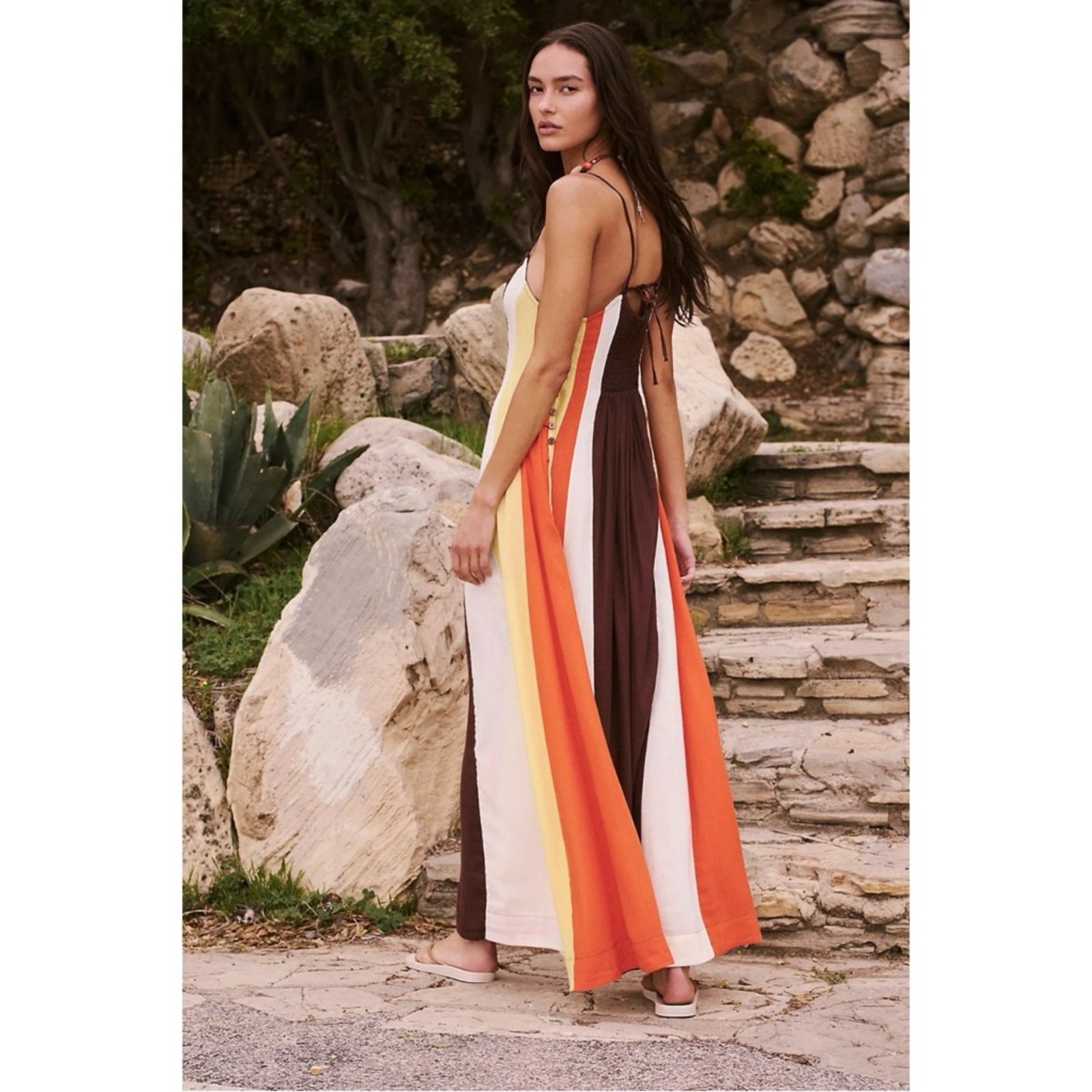 Free People Linen Retro 70s Color Harmony Maxi Dress in Chocolate Combo Small