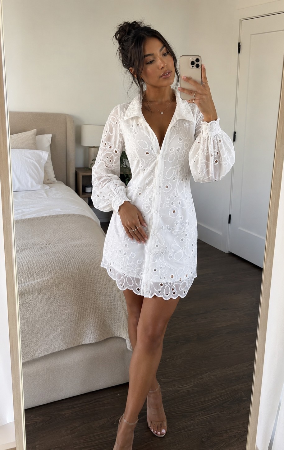 Women’s White Eyelet Lace Shirt Dress Button Front Collared Pockets S