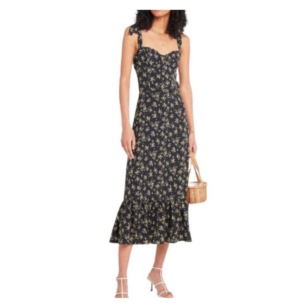 OPT Anthropologie Floral Tie Shoulder Midi Dress Smocked Womens XS Cottagecore