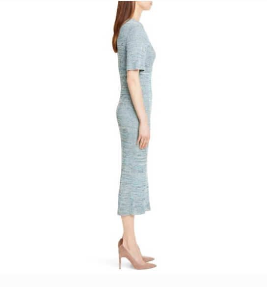 HUGO BOSS FIRSTANA SHORT SLEEVE KNITTED MULTI COLOR MOULINE FABRC MIDI DRESS L