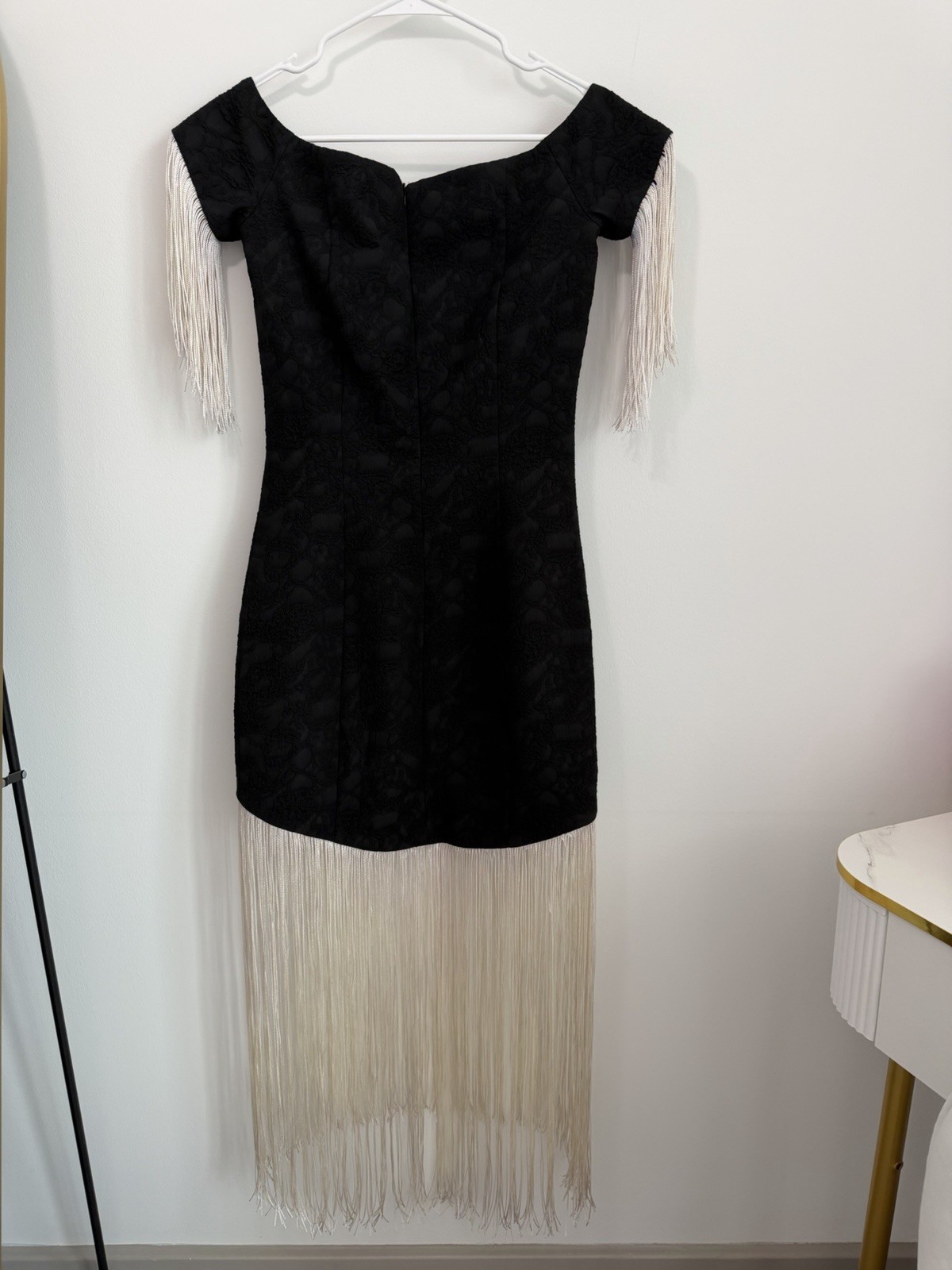 Bella Potemkina Black Off-Shoulder Fringe Bodycon Midi Dress Women’s S